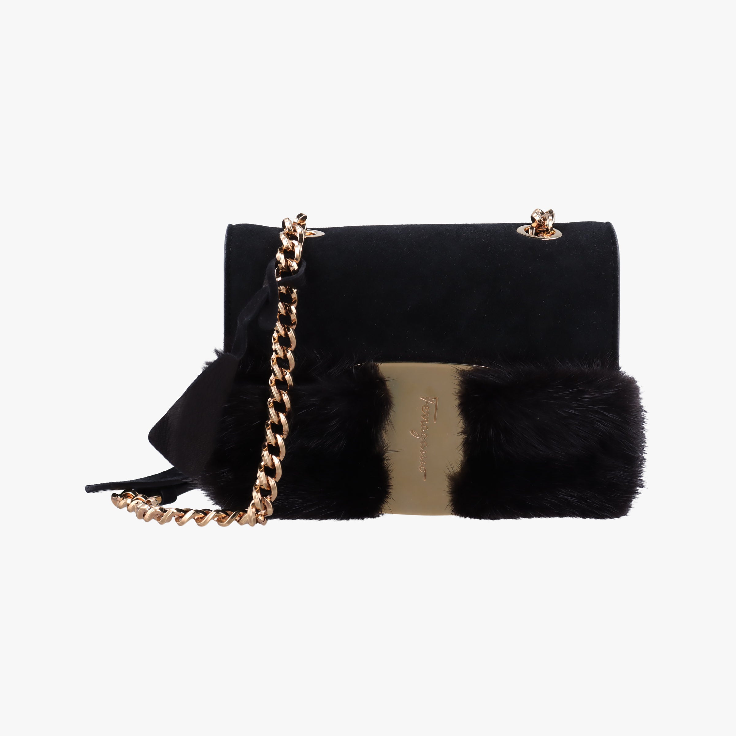 Pre-owned Ferragamo Vara Black Suede × Mink Fur  shoulderbag | stylenewstar