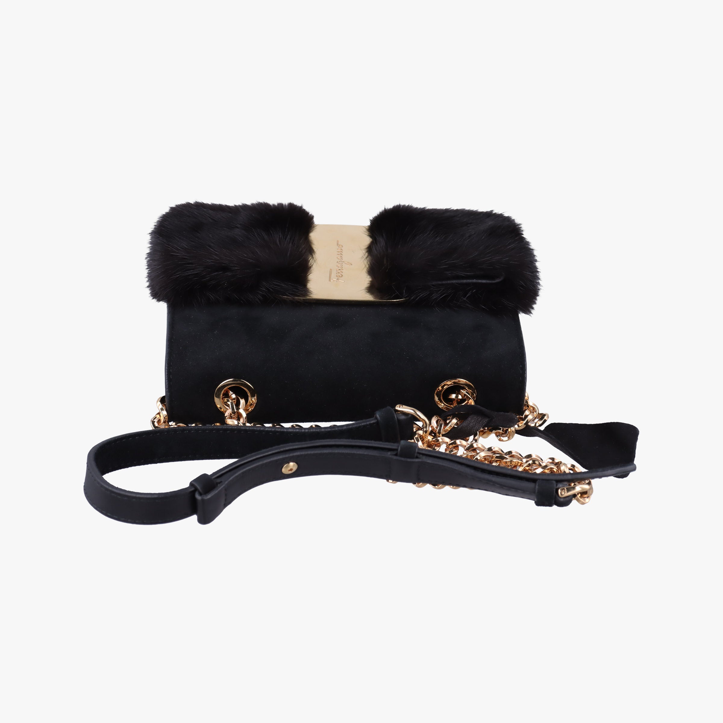 Pre-owned Ferragamo Vara Black Suede × Mink Fur  shoulderbag | stylenewstar