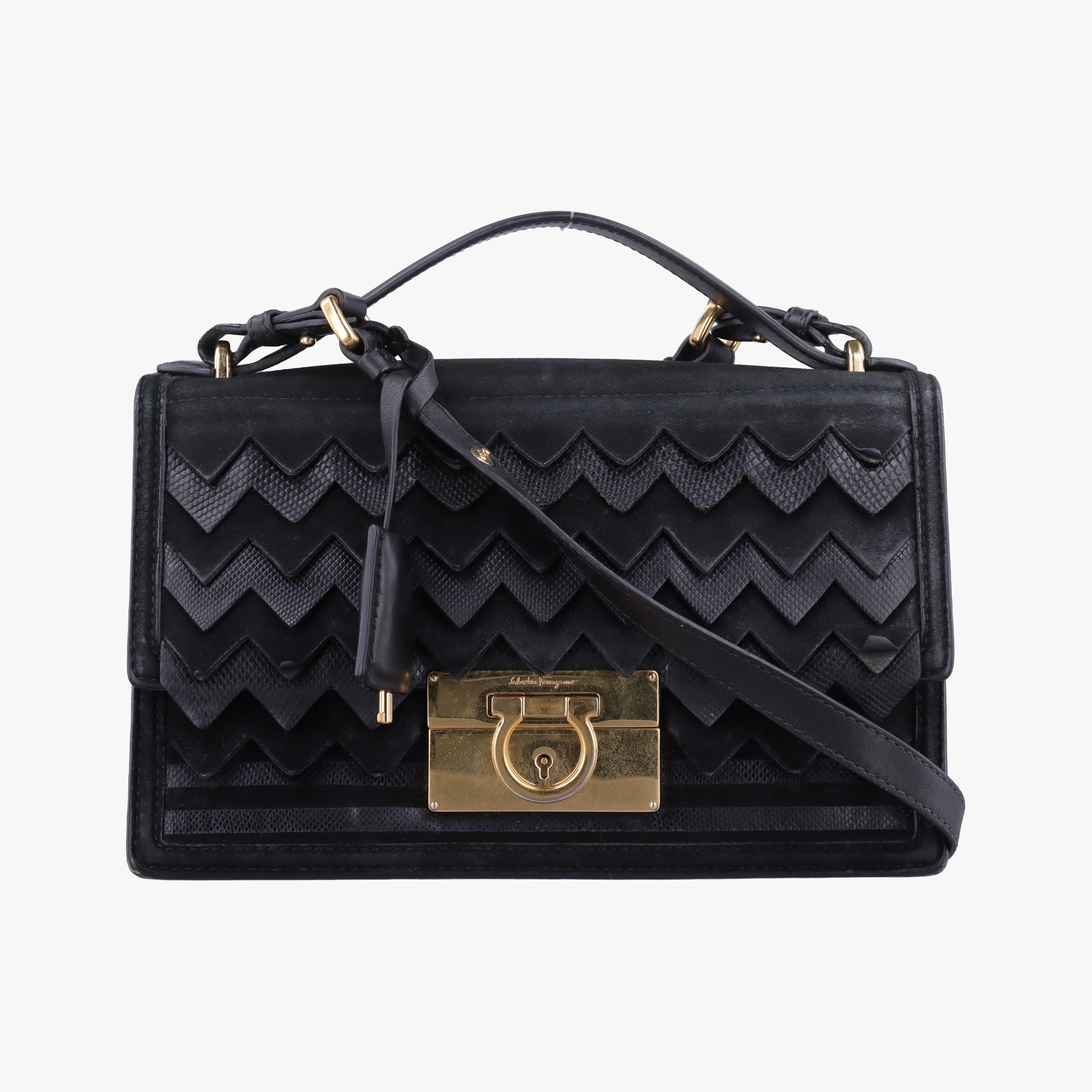 Pre-owned Ferragamo Gancini Black Leather×Suede  shoulderbag | stylenewstar