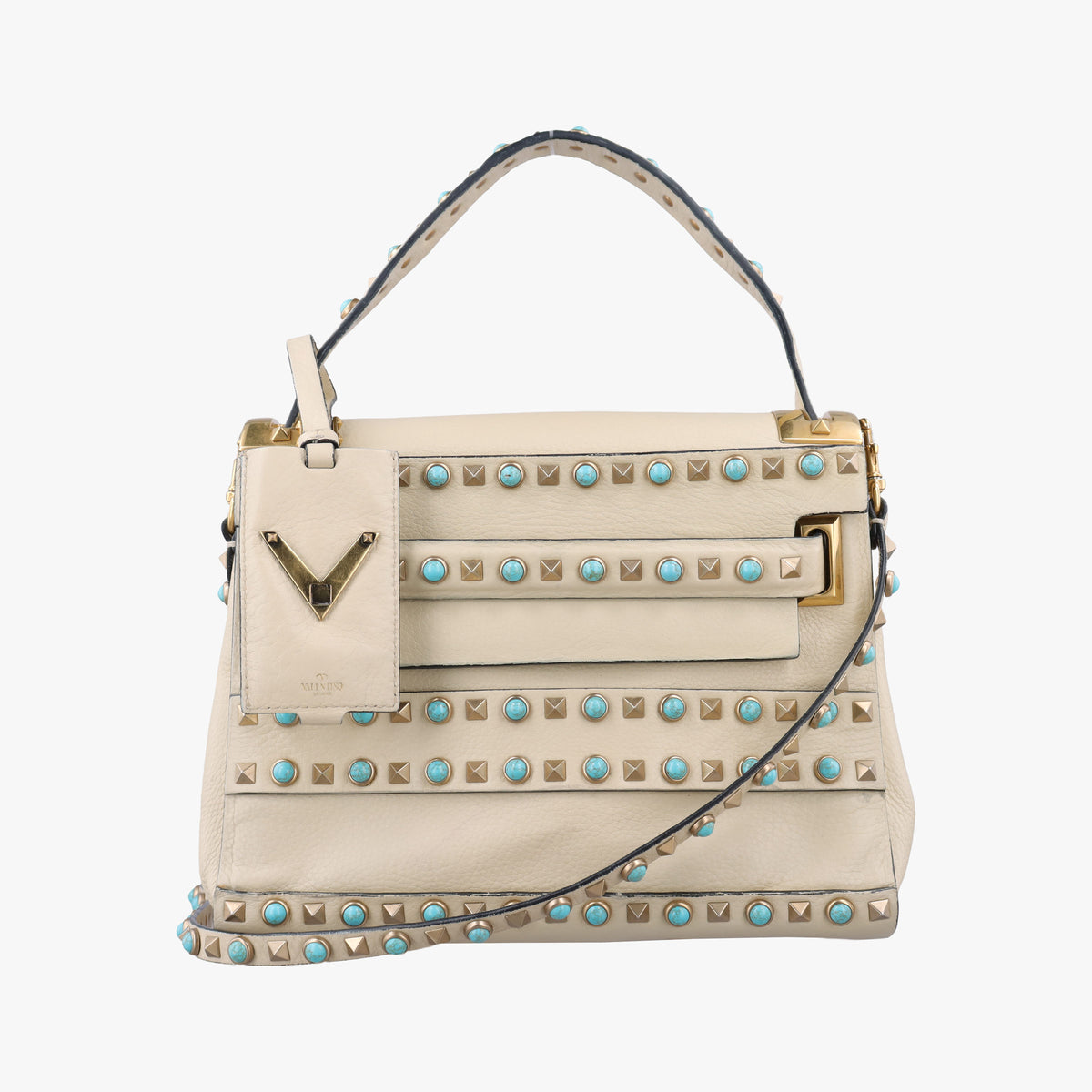 Pre-owned Valentino My Rockstud Rolling Flap Top Handle White Leather  shoulderbag | stylenewstar
