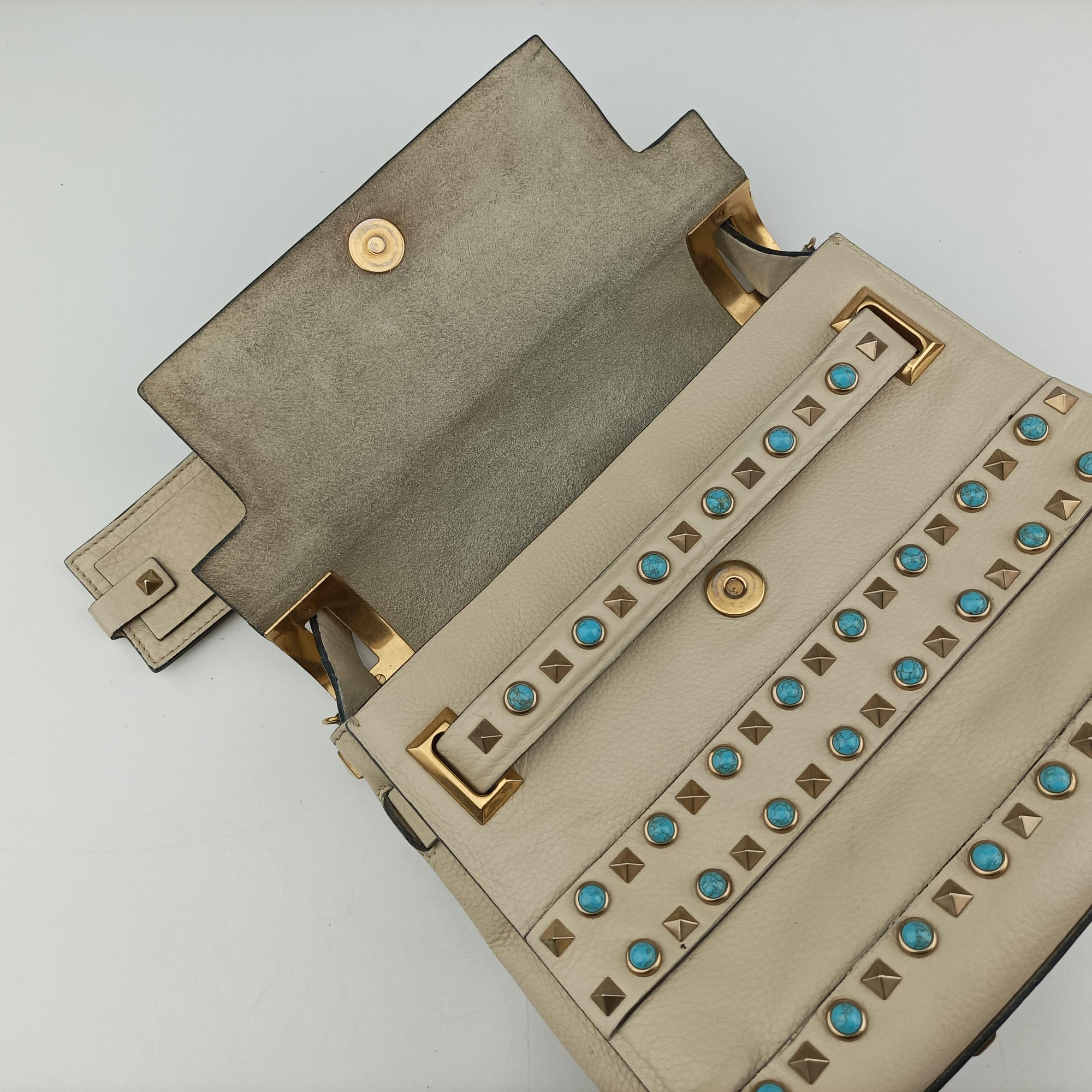 Pre-owned Valentino My Rockstud Rolling Flap Top Handle White Leather  shoulderbag | stylenewstar