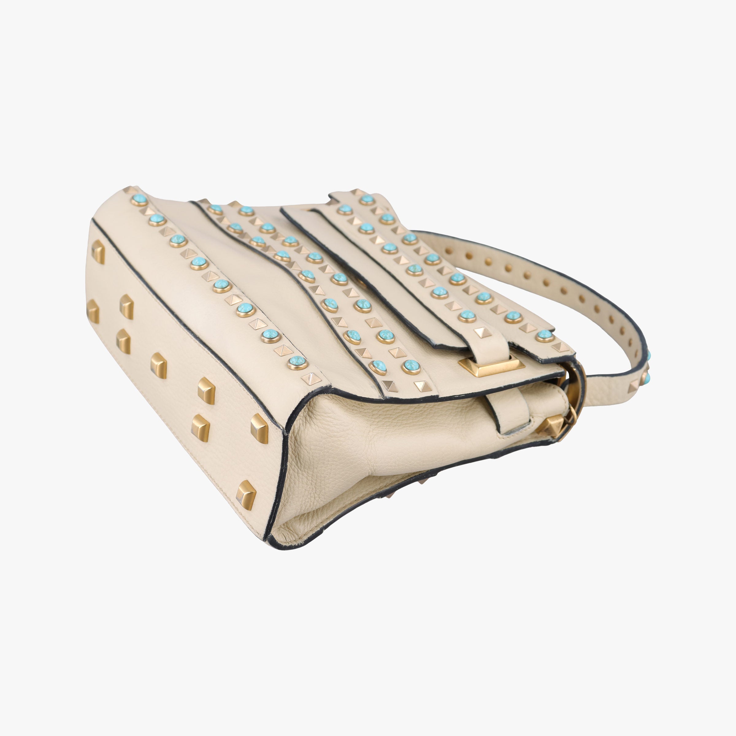Pre-owned Valentino My Rockstud Rolling Flap Top Handle White Leather  shoulderbag | stylenewstar