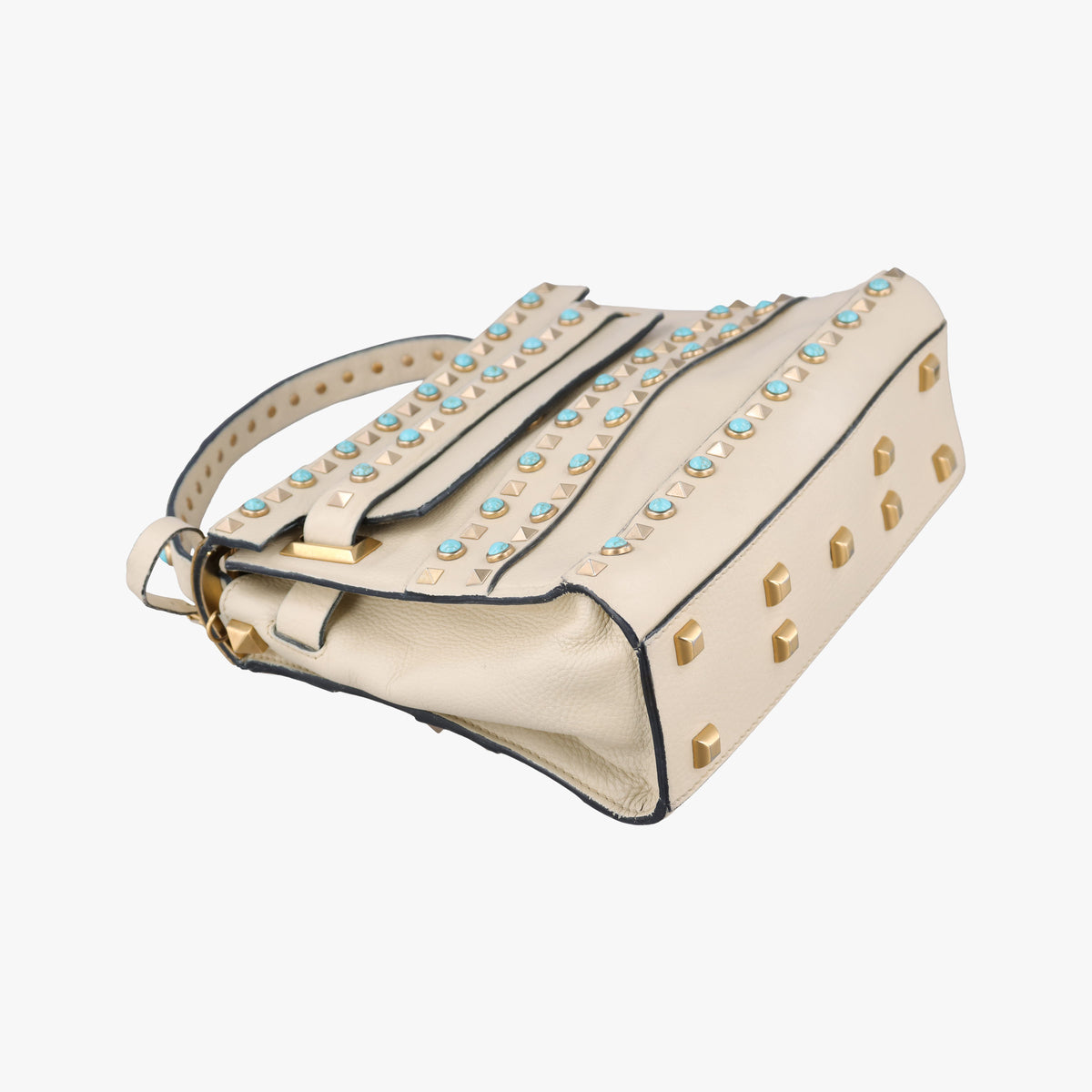 Pre-owned Valentino My Rockstud Rolling Flap Top Handle White Leather  shoulderbag | stylenewstar