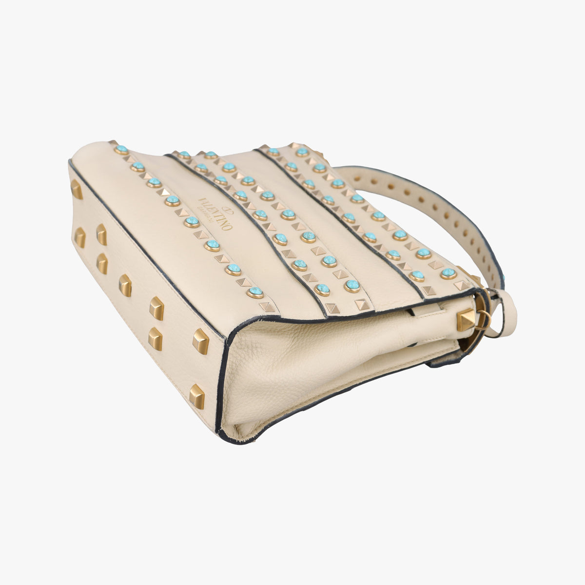 Pre-owned Valentino My Rockstud Rolling Flap Top Handle White Leather  shoulderbag | stylenewstar