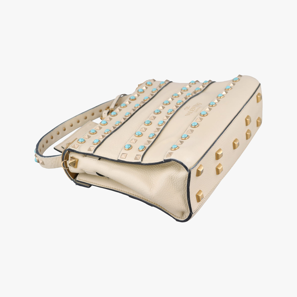Pre-owned Valentino My Rockstud Rolling Flap Top Handle White Leather  shoulderbag | stylenewstar