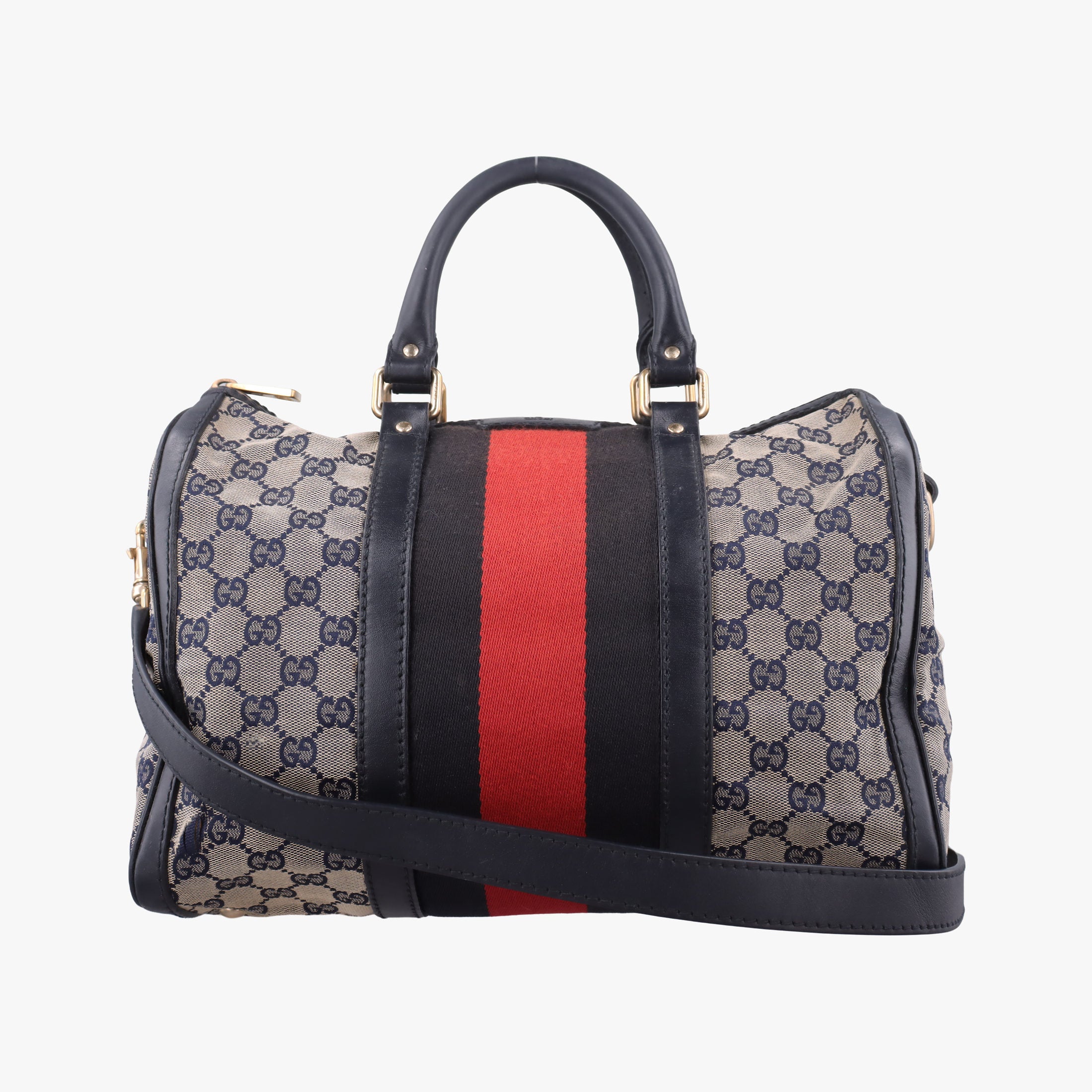 Pre-owned Gucci Sherry Line Navy×red×beige canvas×leather 247205 shoulderbag | stylenewstar