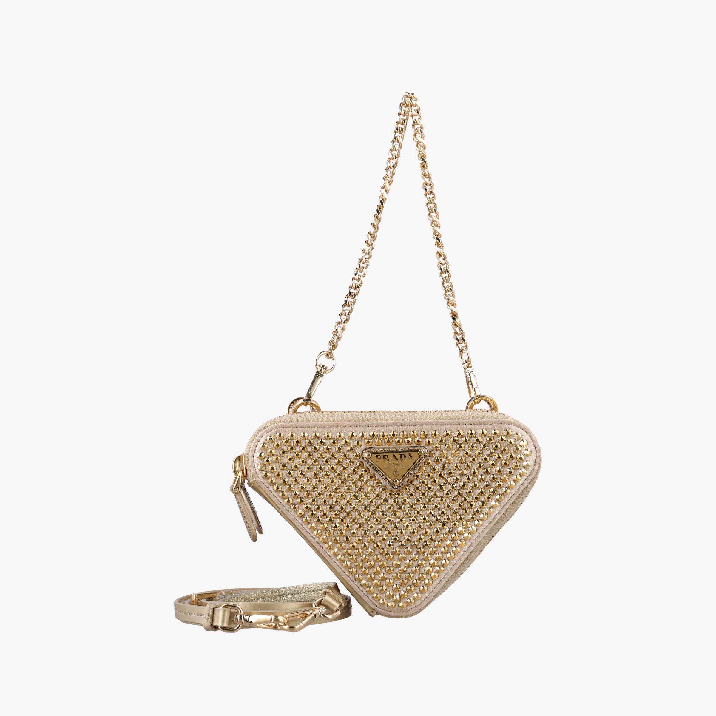 Pre-owned Prada Triangle Crystal Golden Leather 1NR015 shoulderbag | stylenewstar