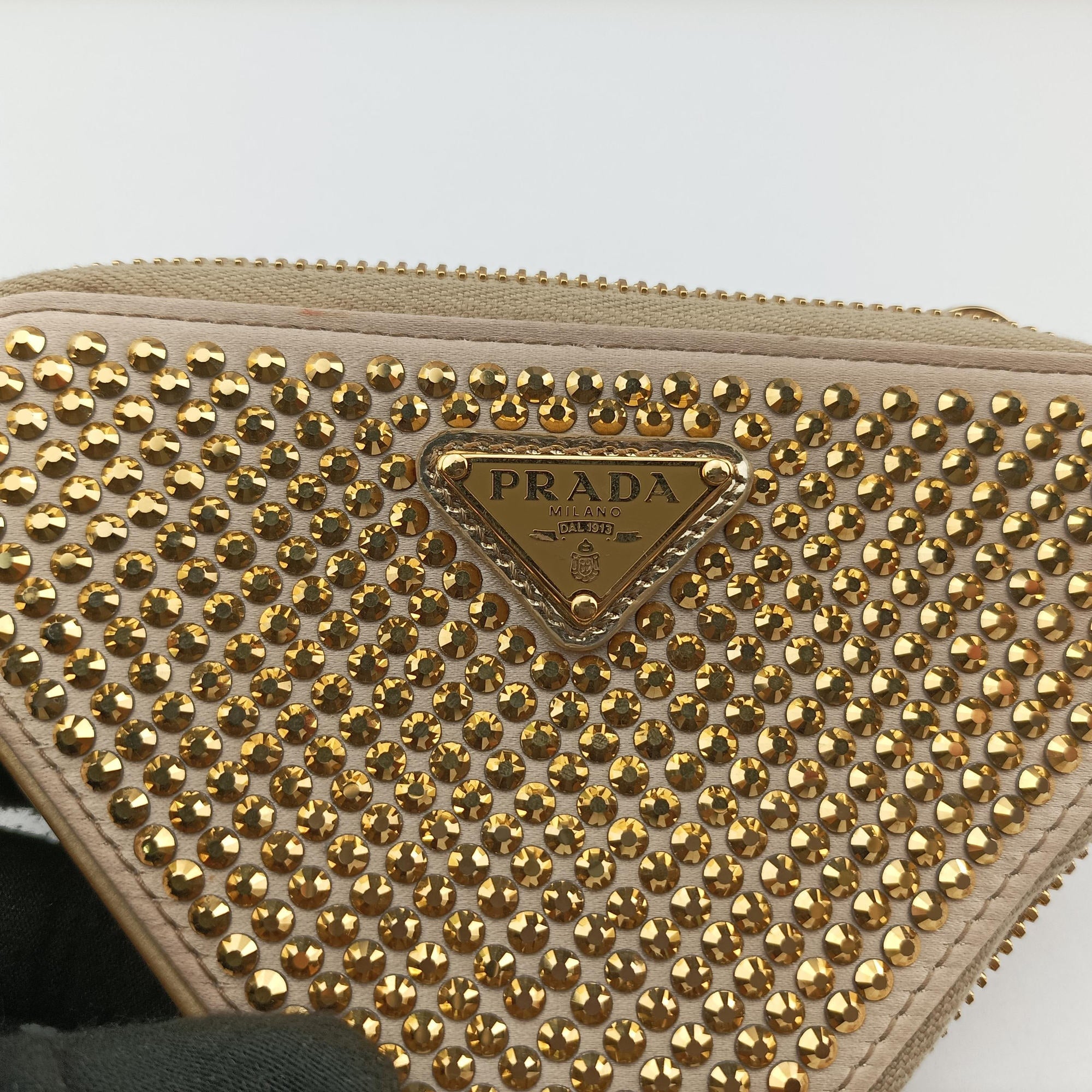 Pre-owned Prada Triangle Crystal Golden Leather 1NR015 shoulderbag | stylenewstar