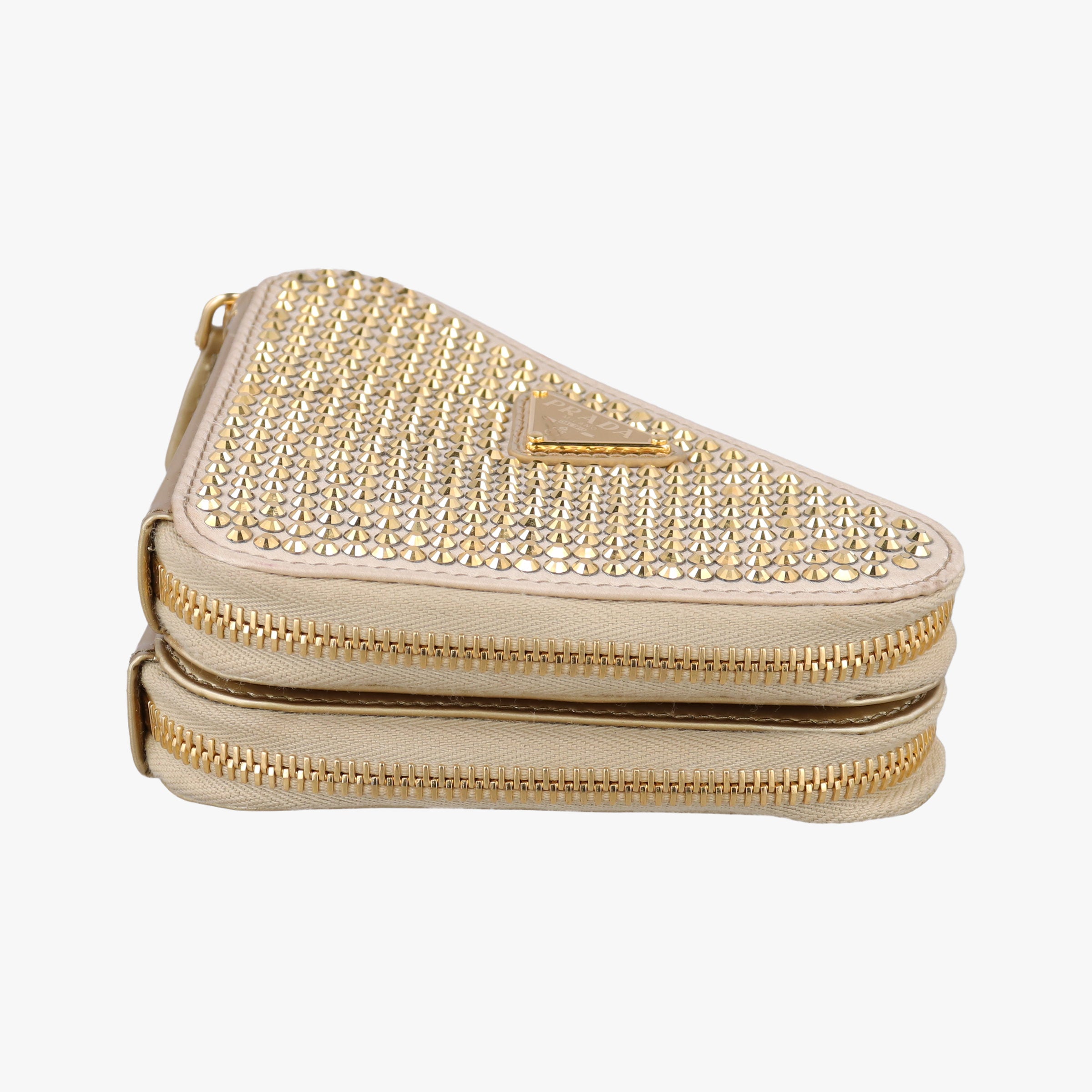 Pre-owned Prada Triangle Crystal Golden Leather 1NR015 shoulderbag | stylenewstar
