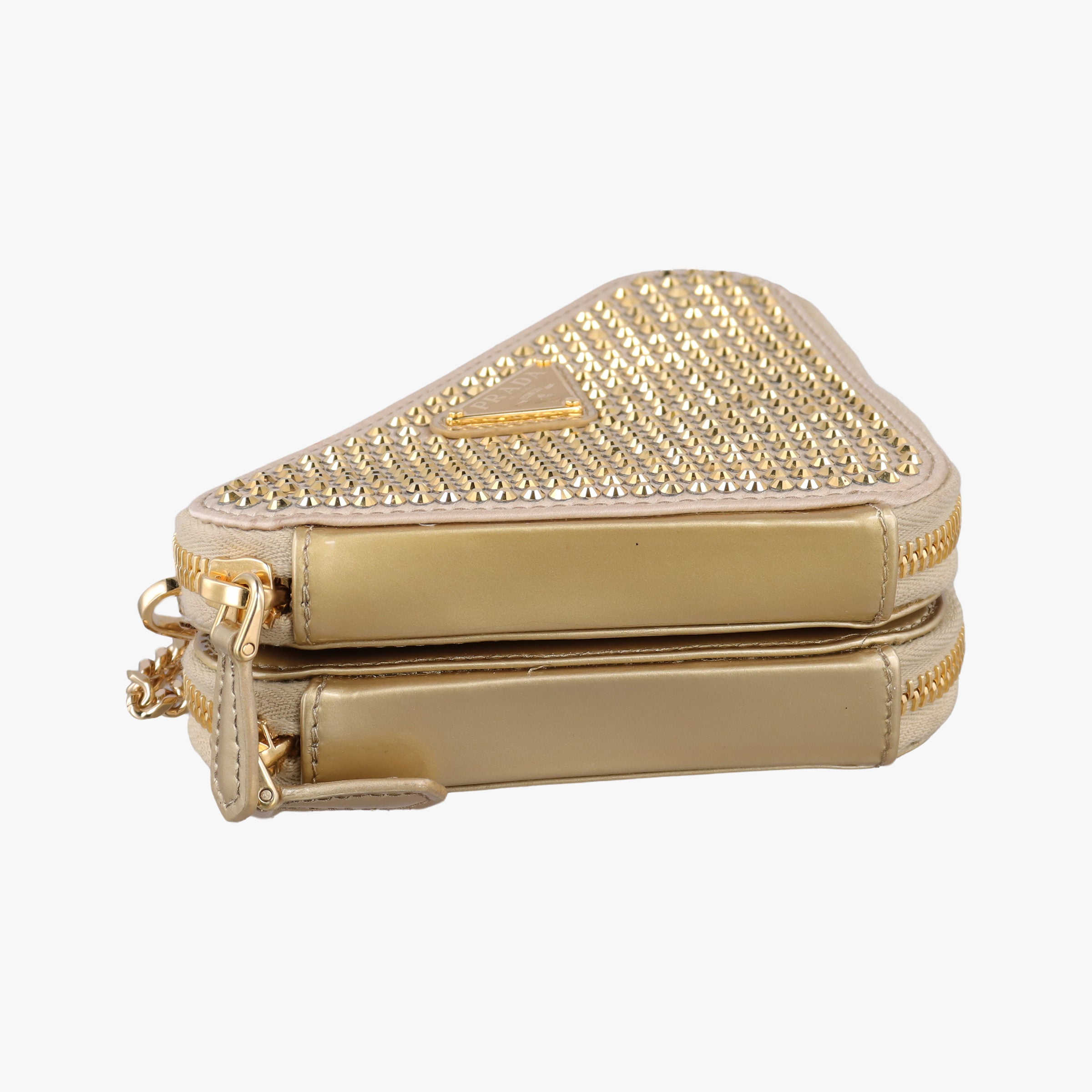 Pre-owned Prada Triangle Crystal Golden Leather 1NR015 shoulderbag | stylenewstar