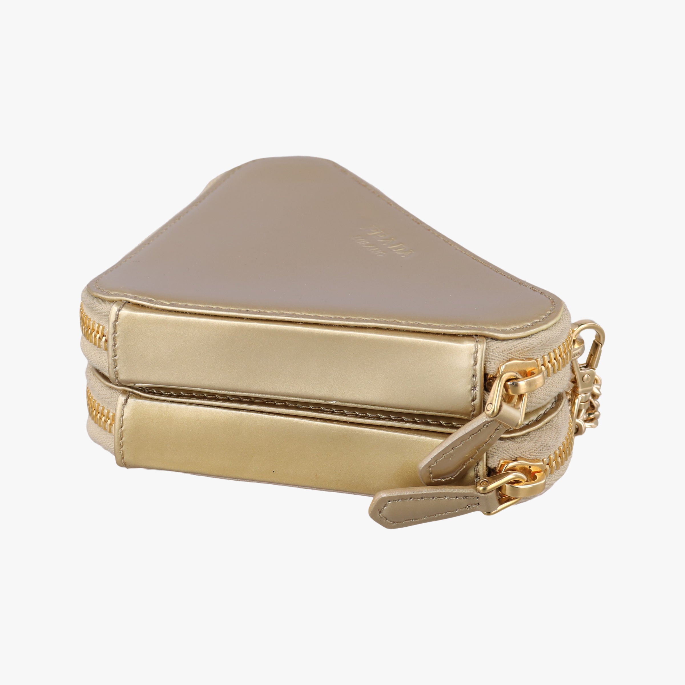 Pre-owned Prada Triangle Crystal Golden Leather 1NR015 shoulderbag | stylenewstar