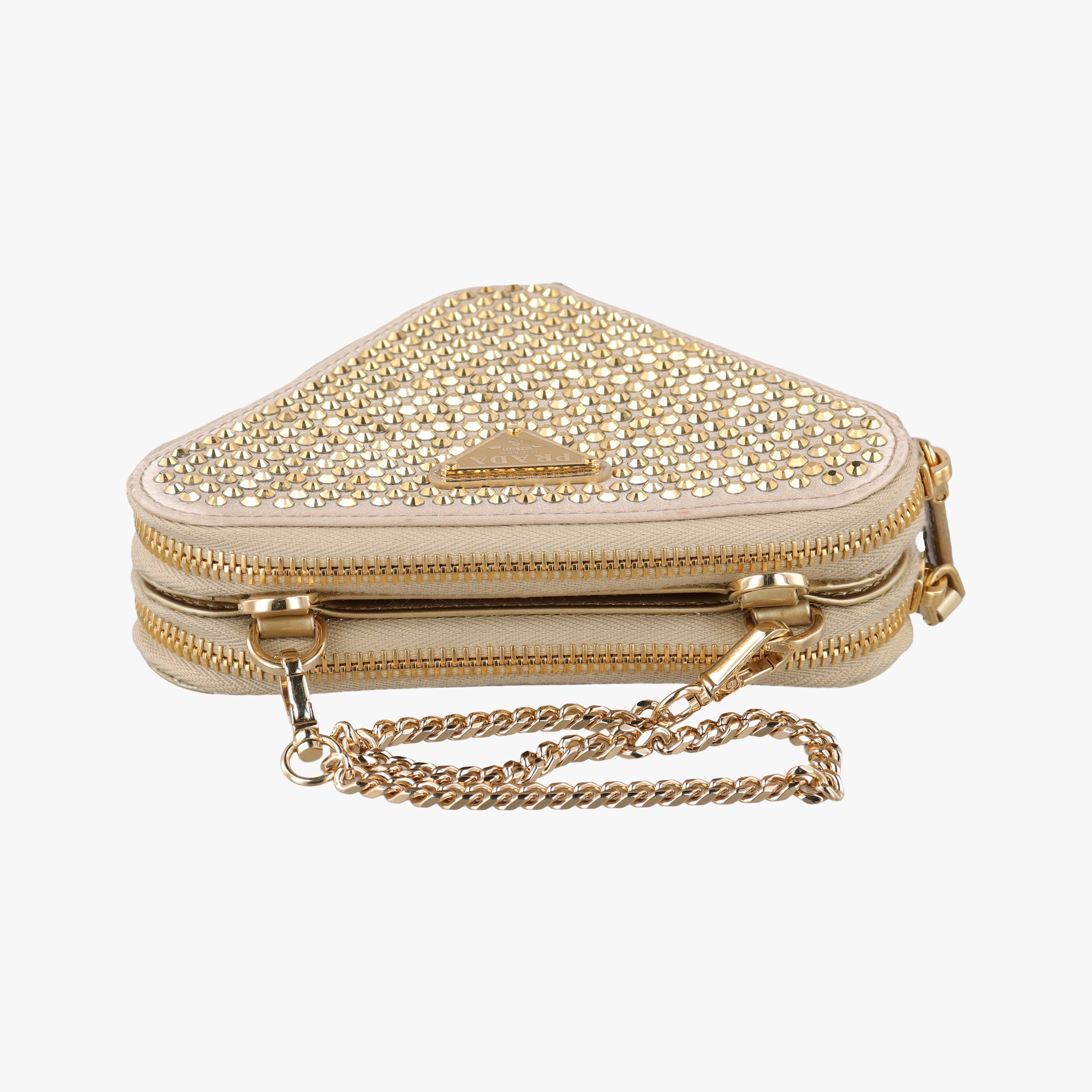 Pre-owned Prada Triangle Crystal Golden Leather 1NR015 shoulderbag | stylenewstar