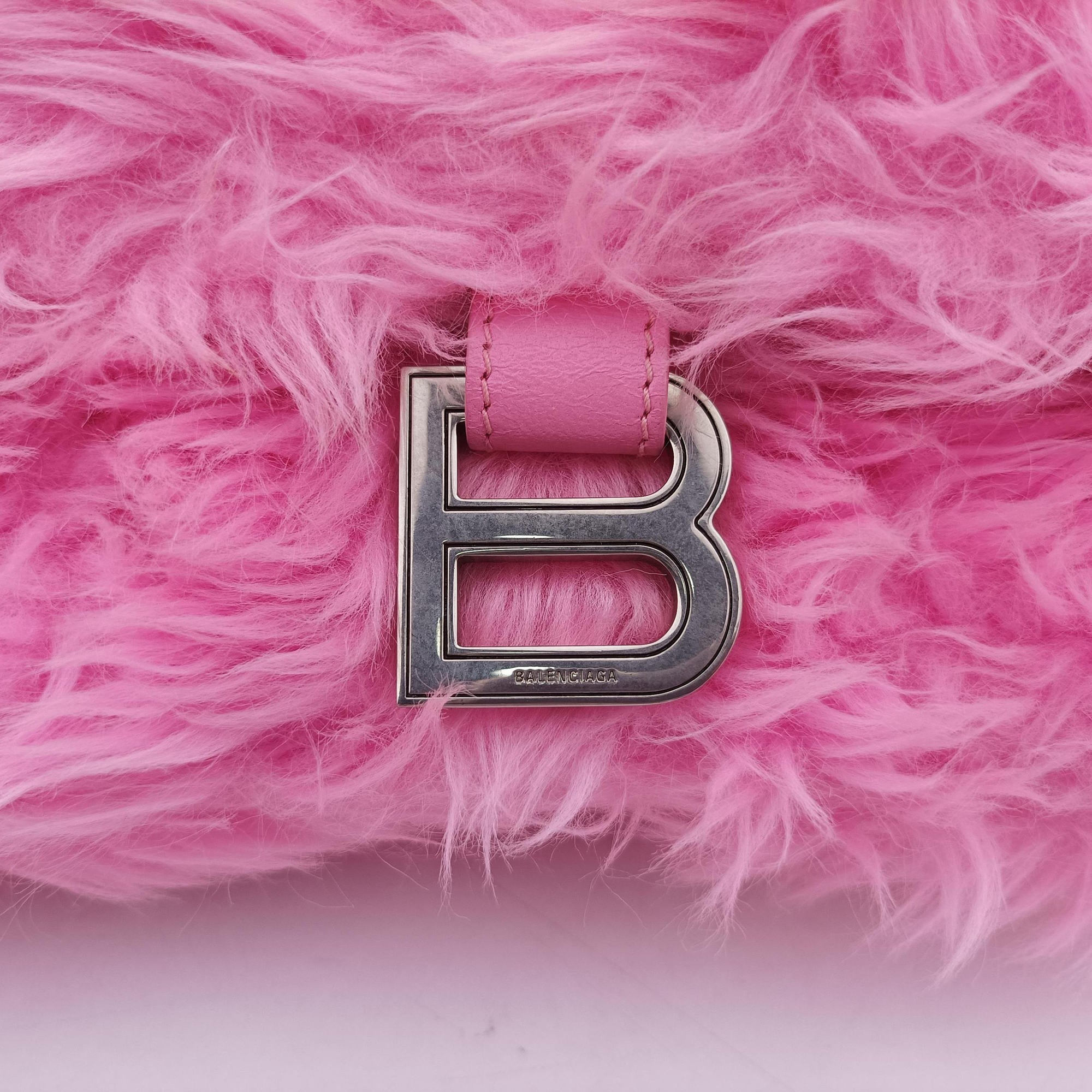Pre-owned Balenciaga Hourglass Pink Faux fur 715153 210N2 shoulderbag | stylenewstar