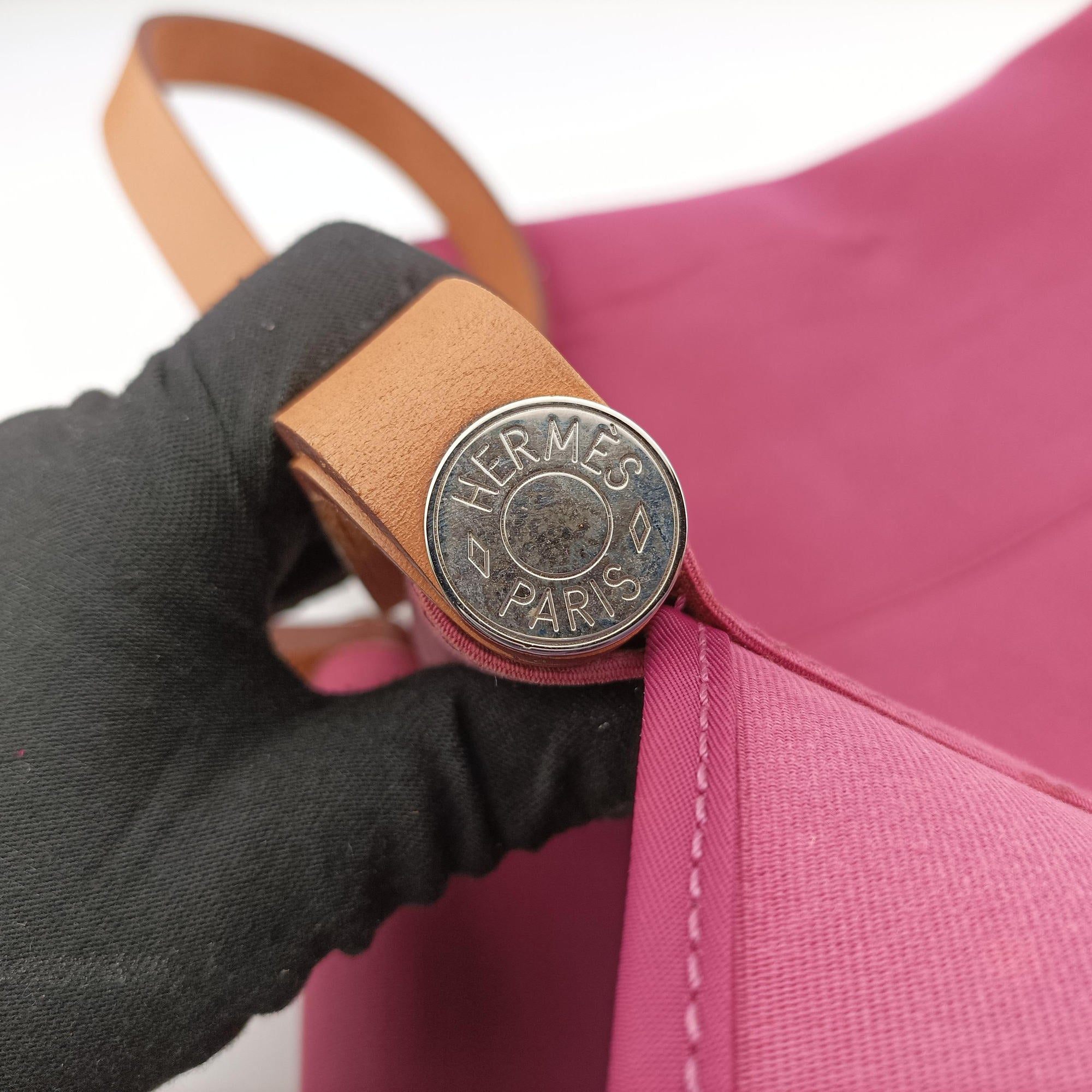 Pre-owned Hermes Cabag Elan Rose Toile Officier × Leather  shoulderbag | stylenewstar