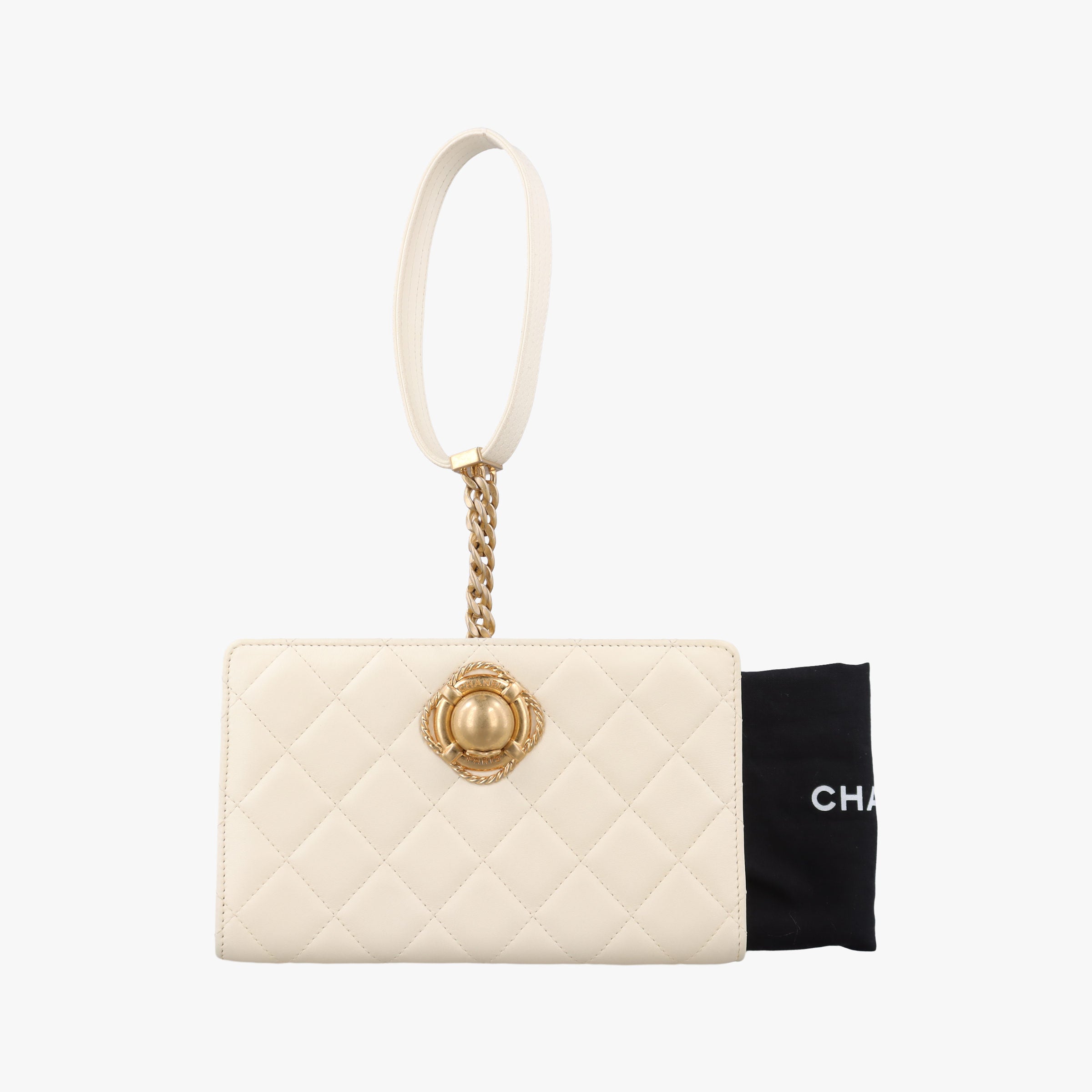 Pre-owned Chanel CC Button Timeless Wristlet Clutch Bag White lambskin AS0178 shoulderbag | stylenewstar