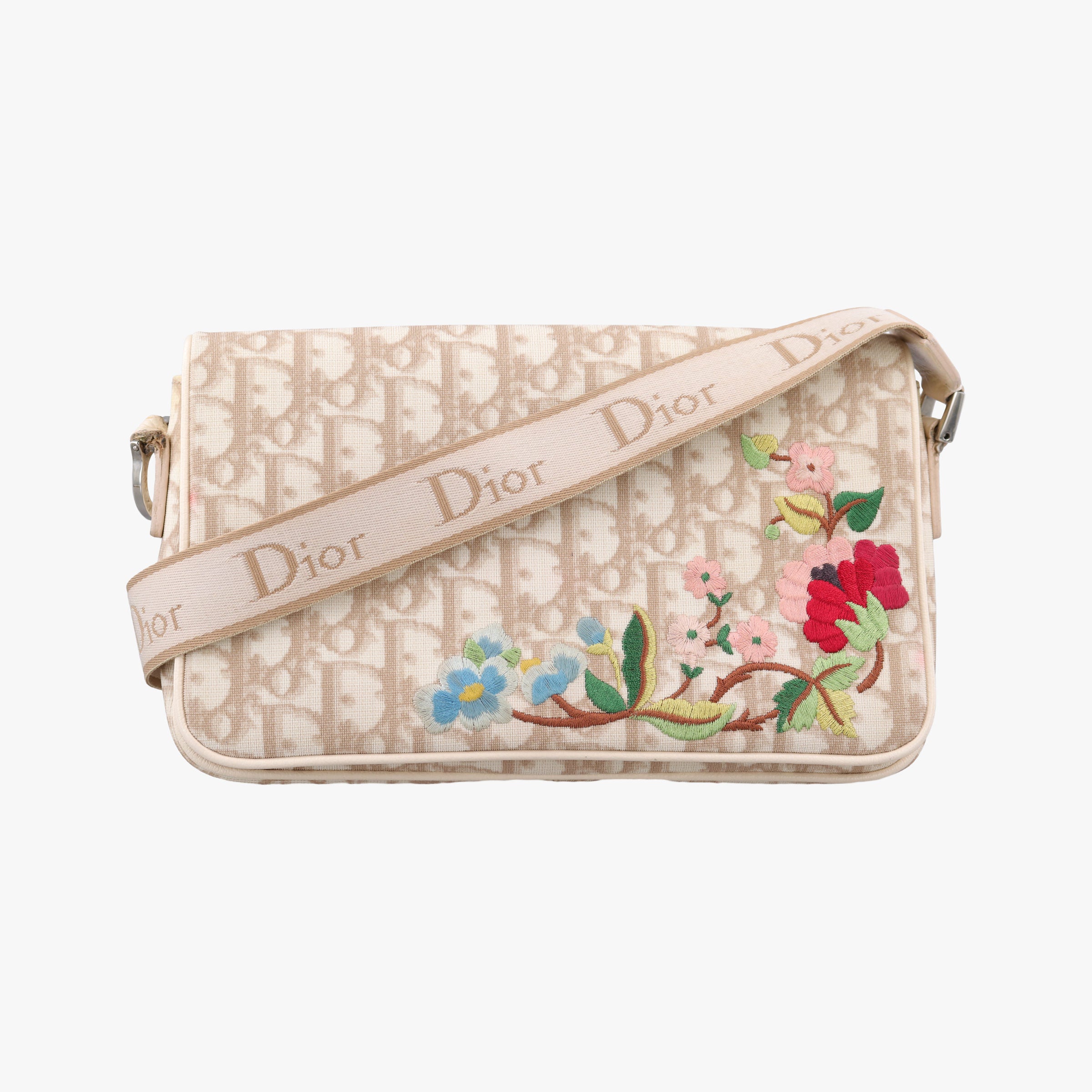 Pre-owned Christian Dior Trotter Flower Beige PVC Coated Canvas Floral Embroidery  shoulderbag | stylenewstar