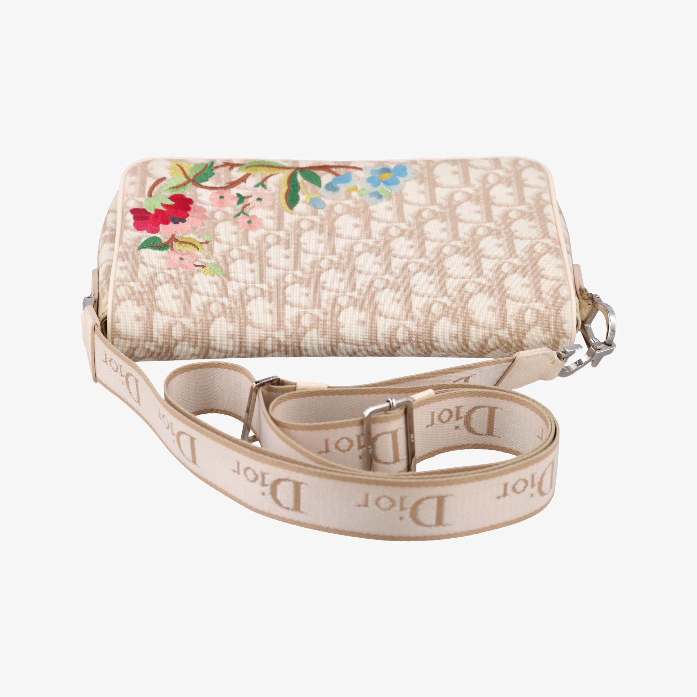 Pre-owned Christian Dior Trotter Flower Beige PVC Coated Canvas Floral Embroidery  shoulderbag | stylenewstar