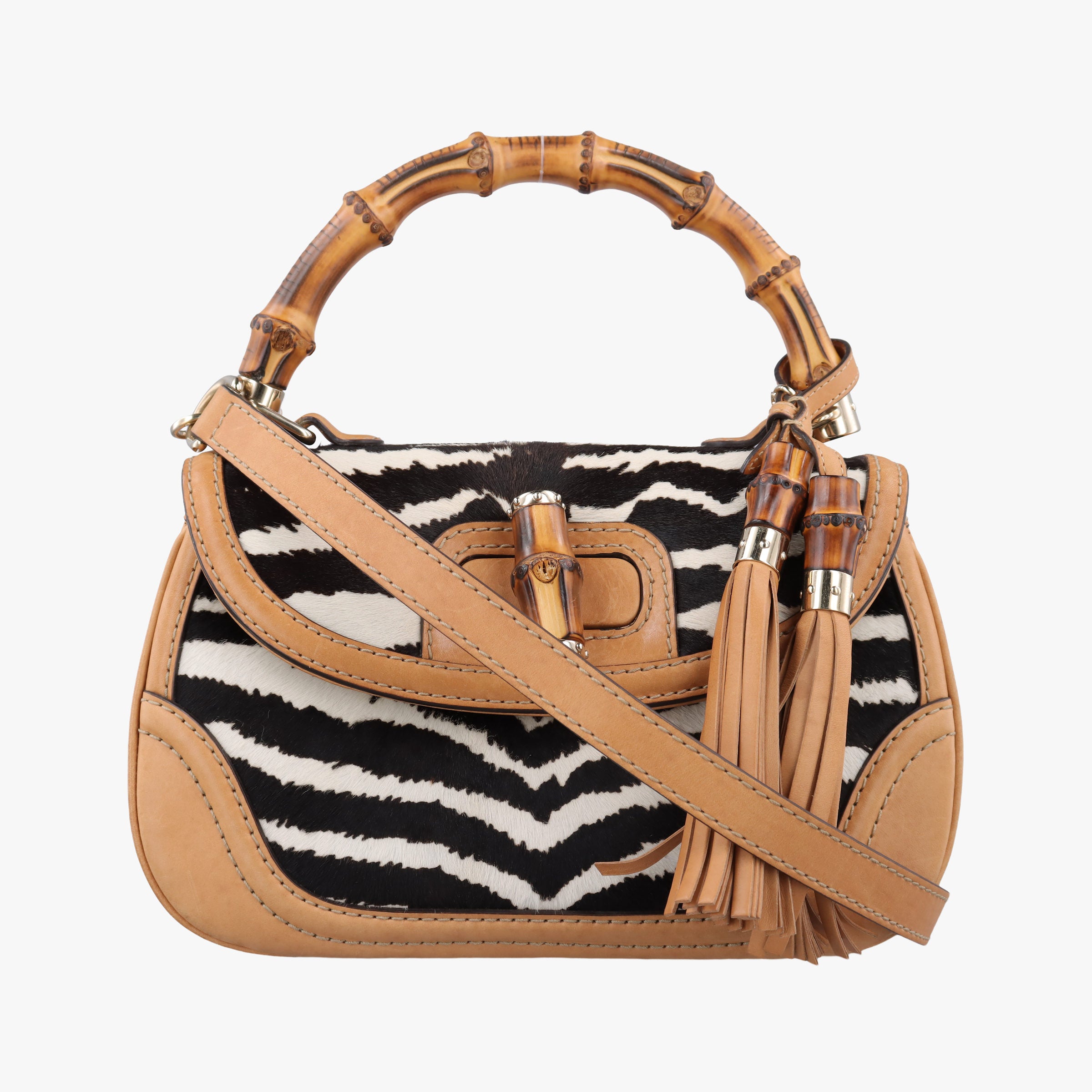 Pre-owned Gucci New Bamboo Beige×Multicolour ponyhair×leather 254884 shoulderbag | stylenewstar
