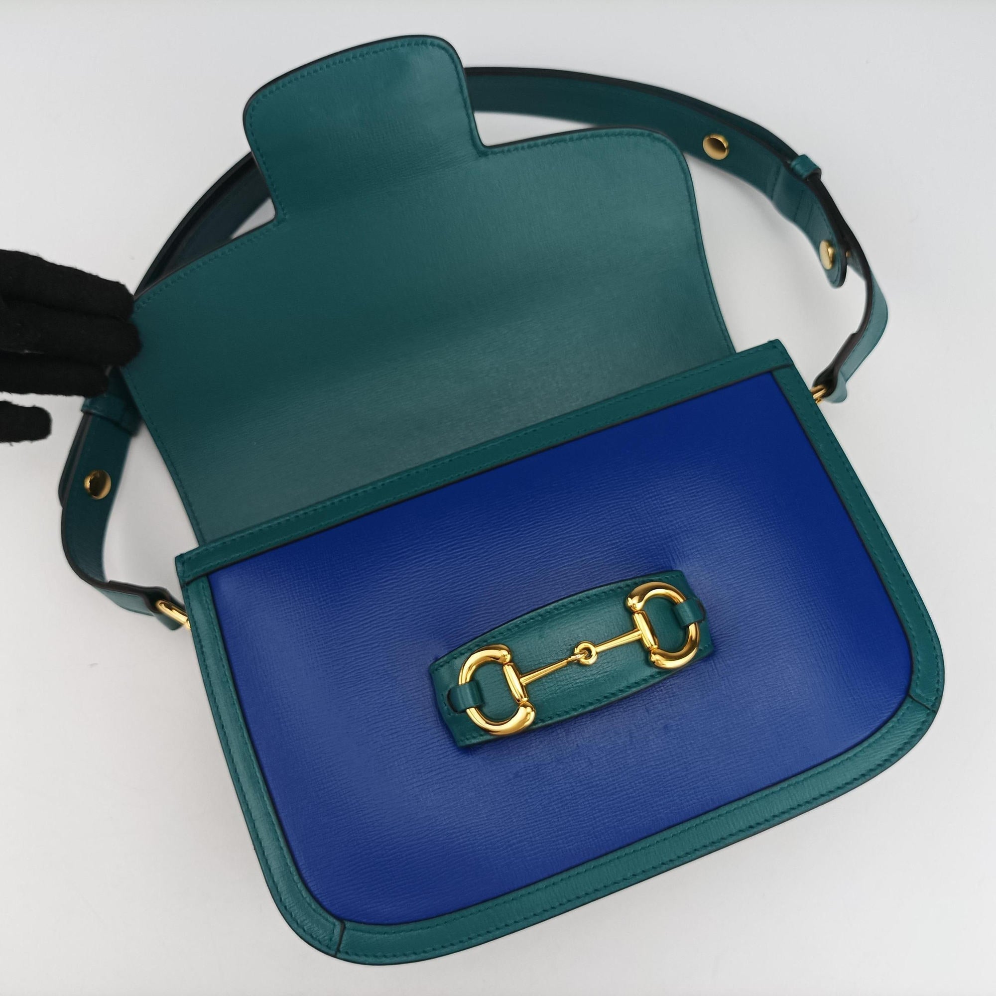 Pre-owned Gucci The Hacker Project Horsebit 1955 Green × Blue Leather 602204 shoulderbag | stylenewstar