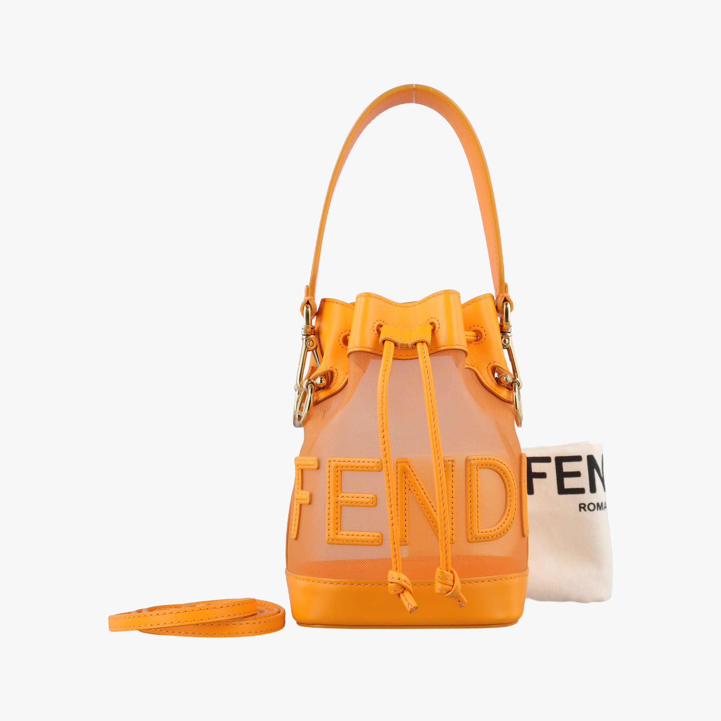 Pre-owned Fendi Mon Tresor Mini Bucket Orange mesh×Calf Leather 8BS010 shoulderbag | stylenewstar