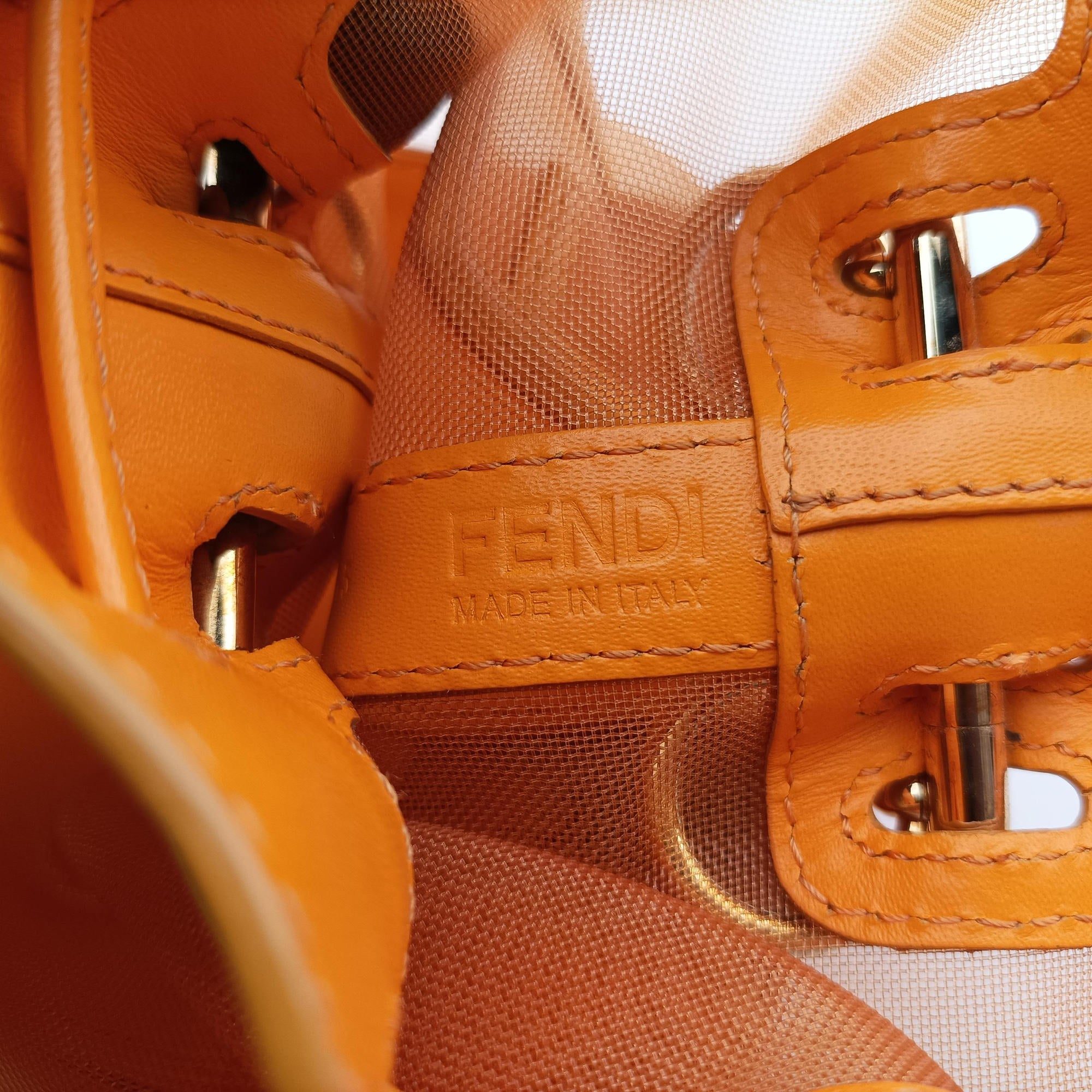 Pre-owned Fendi Mon Tresor Mini Bucket Orange mesh×Calf Leather 8BS010 shoulderbag | stylenewstar