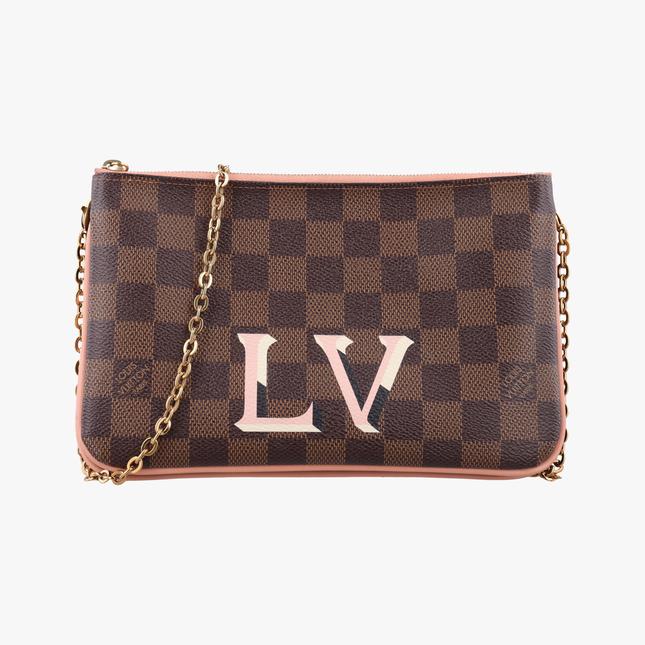 Secondhand Louis Vuitton Pochette Double Zip EBENE×Rose Ballerine Damier Canvas N60254 shoulderbag | stylenewstar