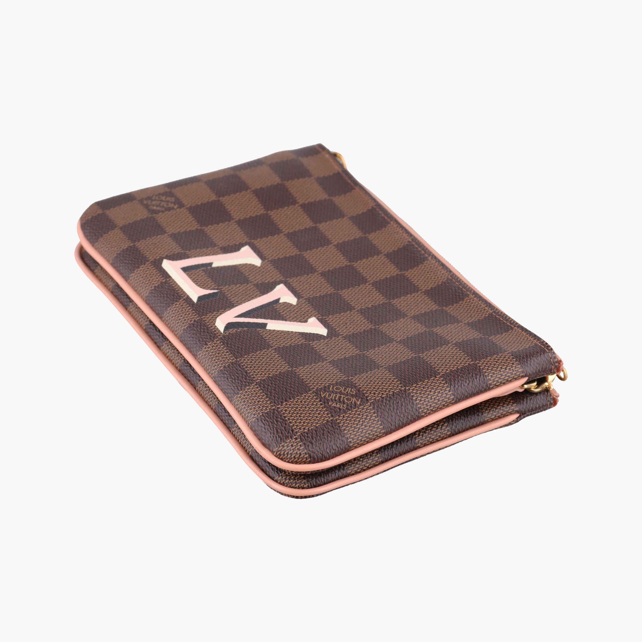 Secondhand Louis Vuitton Pochette Double Zip EBENE×Rose Ballerine Damier Canvas N60254 shoulderbag | stylenewstar