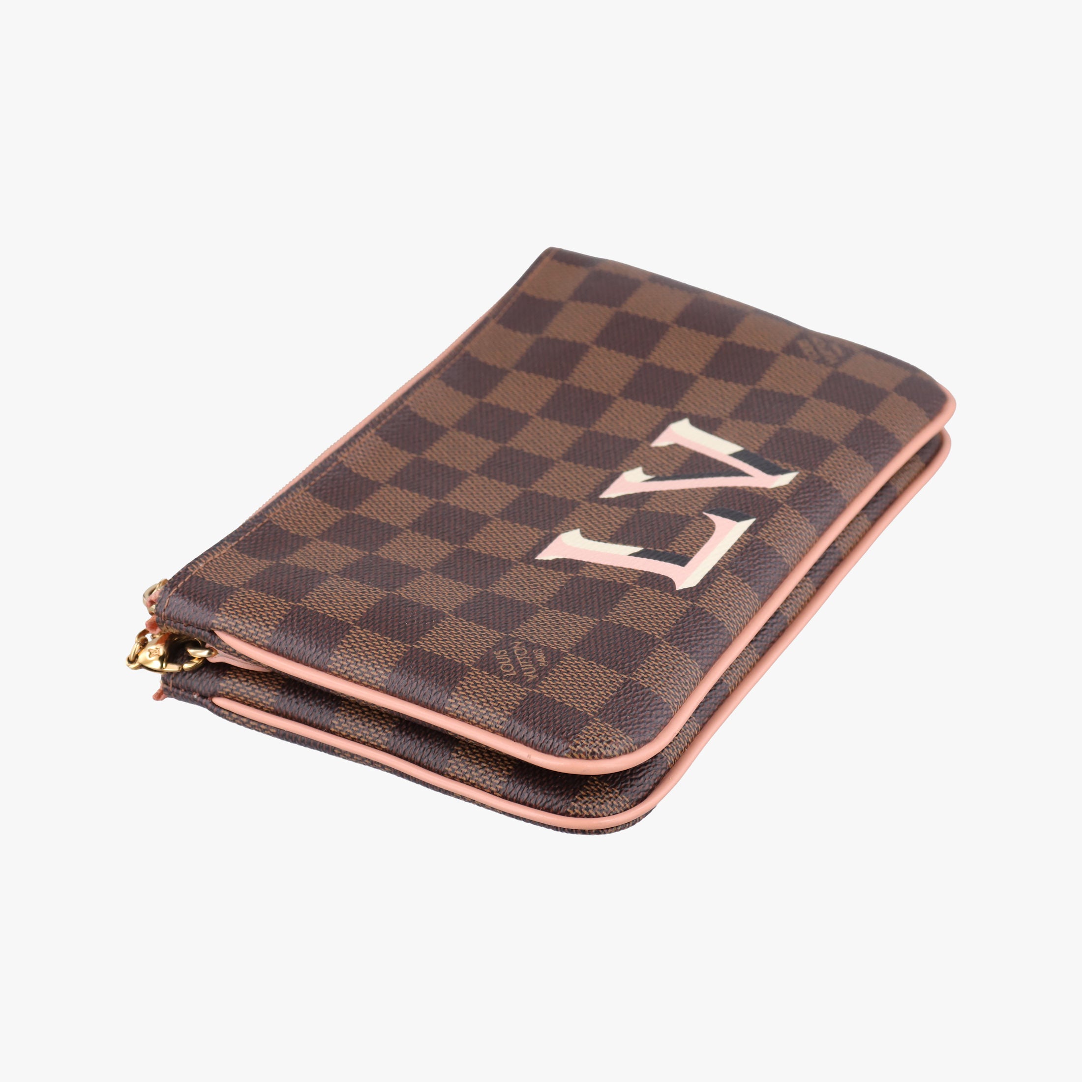 Secondhand Louis Vuitton Pochette Double Zip EBENE×Rose Ballerine Damier Canvas N60254 shoulderbag | stylenewstar