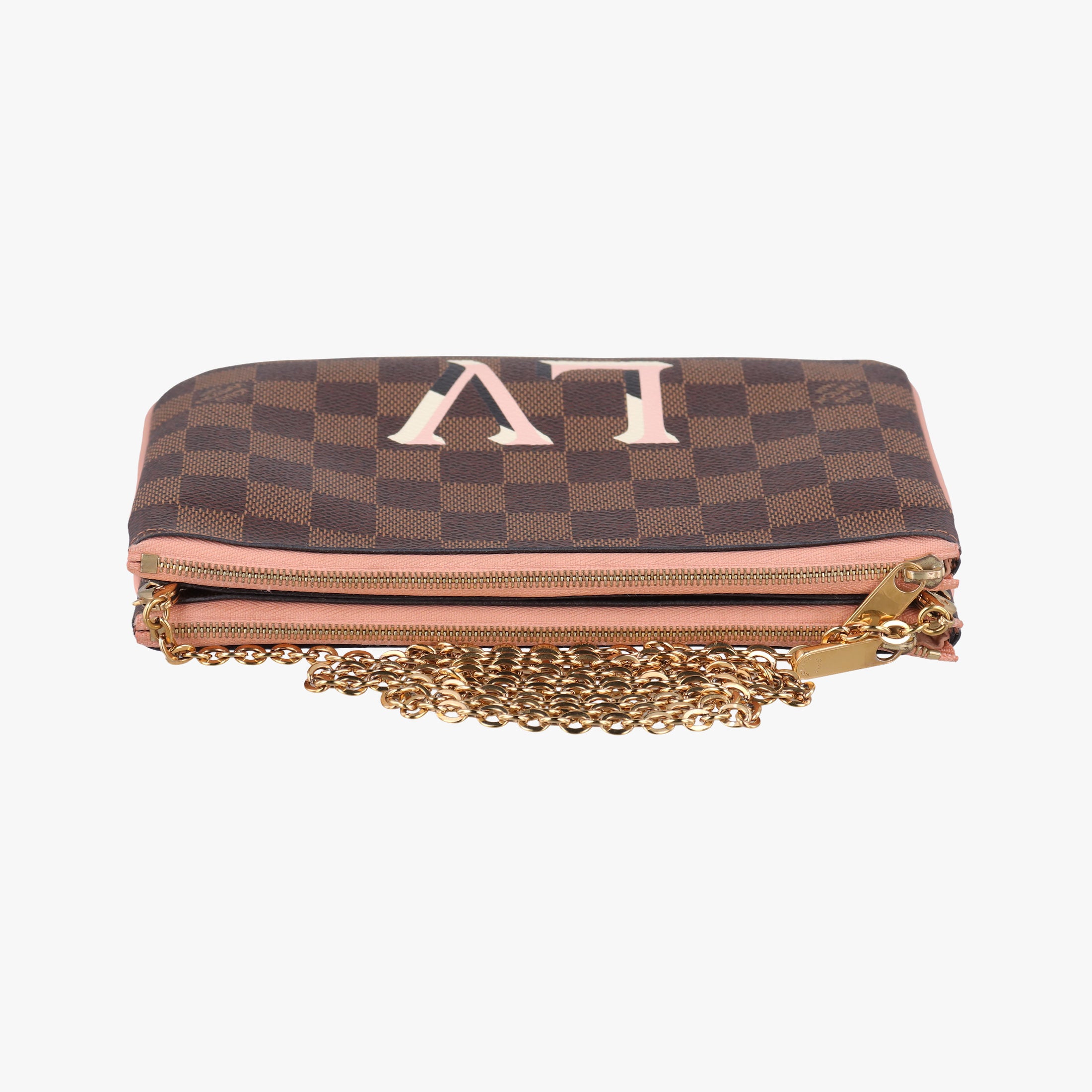 Secondhand Louis Vuitton Pochette Double Zip EBENE×Rose Ballerine Damier Canvas N60254 shoulderbag | stylenewstar