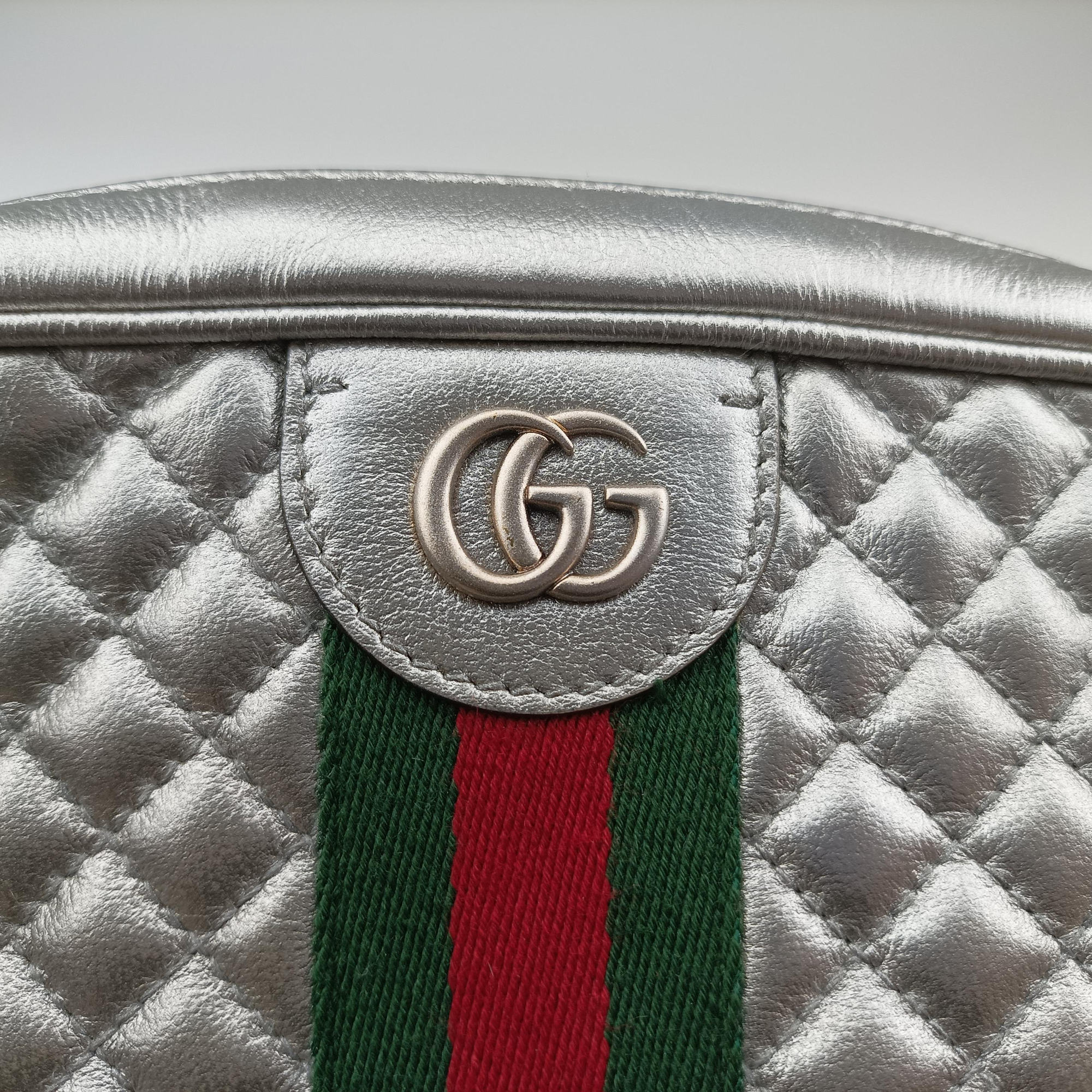 Pre-owned Gucci GG Marmont Pochette Silver×Green×Red Leather 541051 shoulderbag | stylenewstar