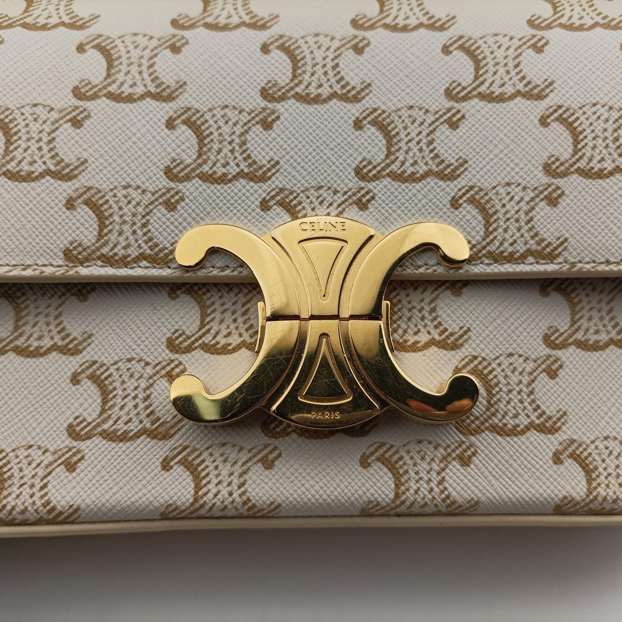 Pre-owned Celine Claude Triomphe White PVC coated canvas  shoulderbag | stylenewstar