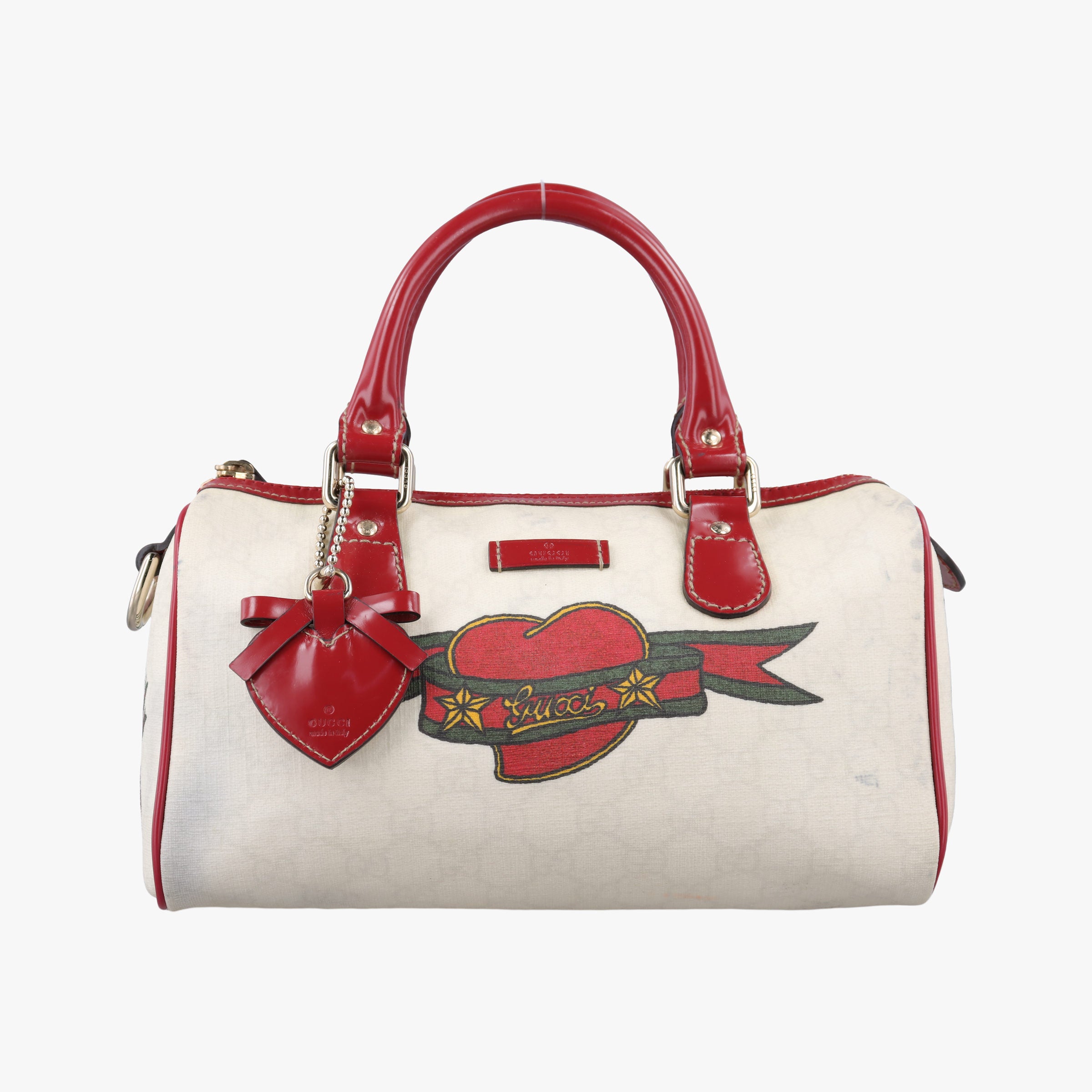 Vintage Gucci GG Supreme Tattoo Print Heart Charm Joy White PVC coated canvas 190257 handbag | stylenewstar