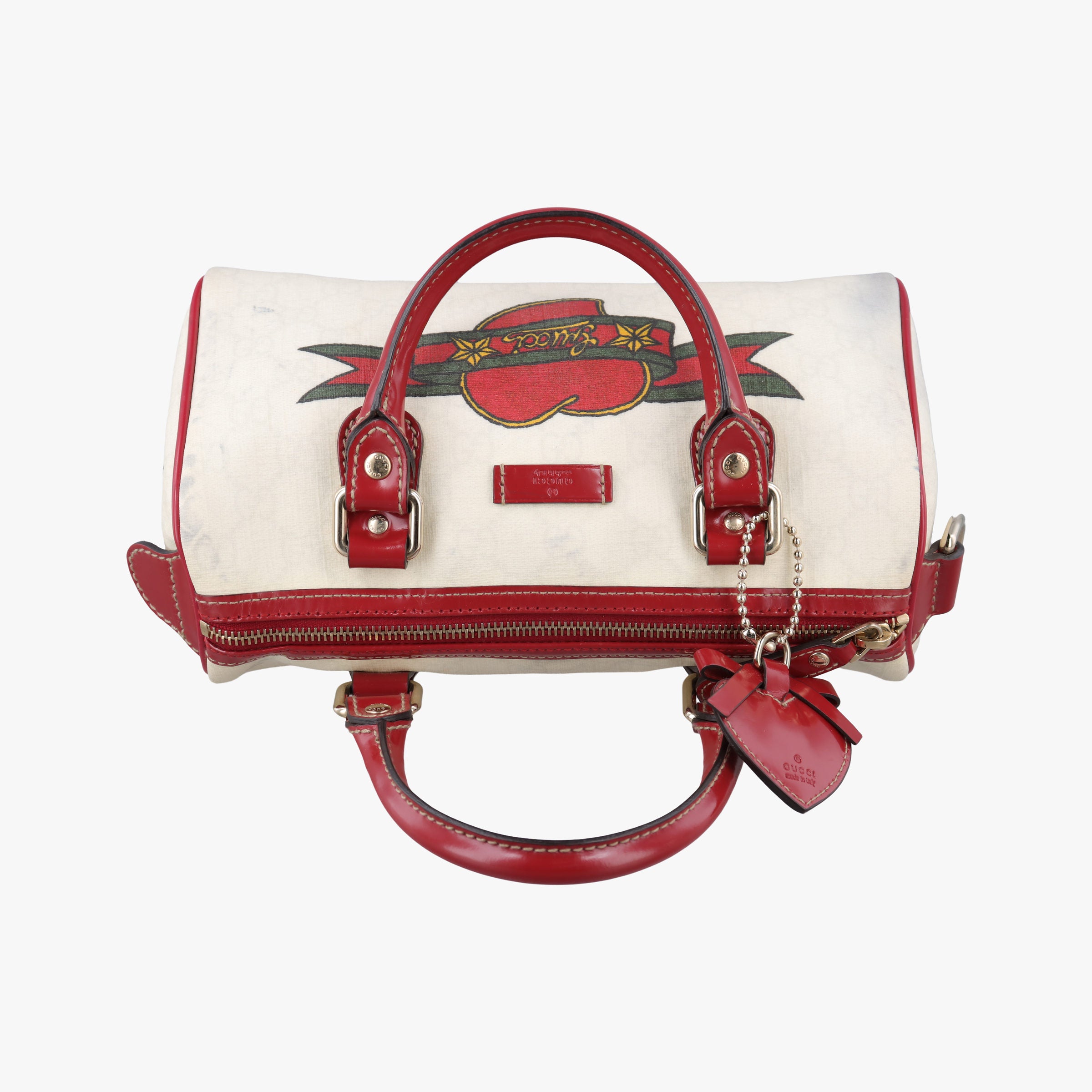 Vintage Gucci GG Supreme Tattoo Print Heart Charm Joy White PVC coated canvas 190257 handbag | stylenewstar