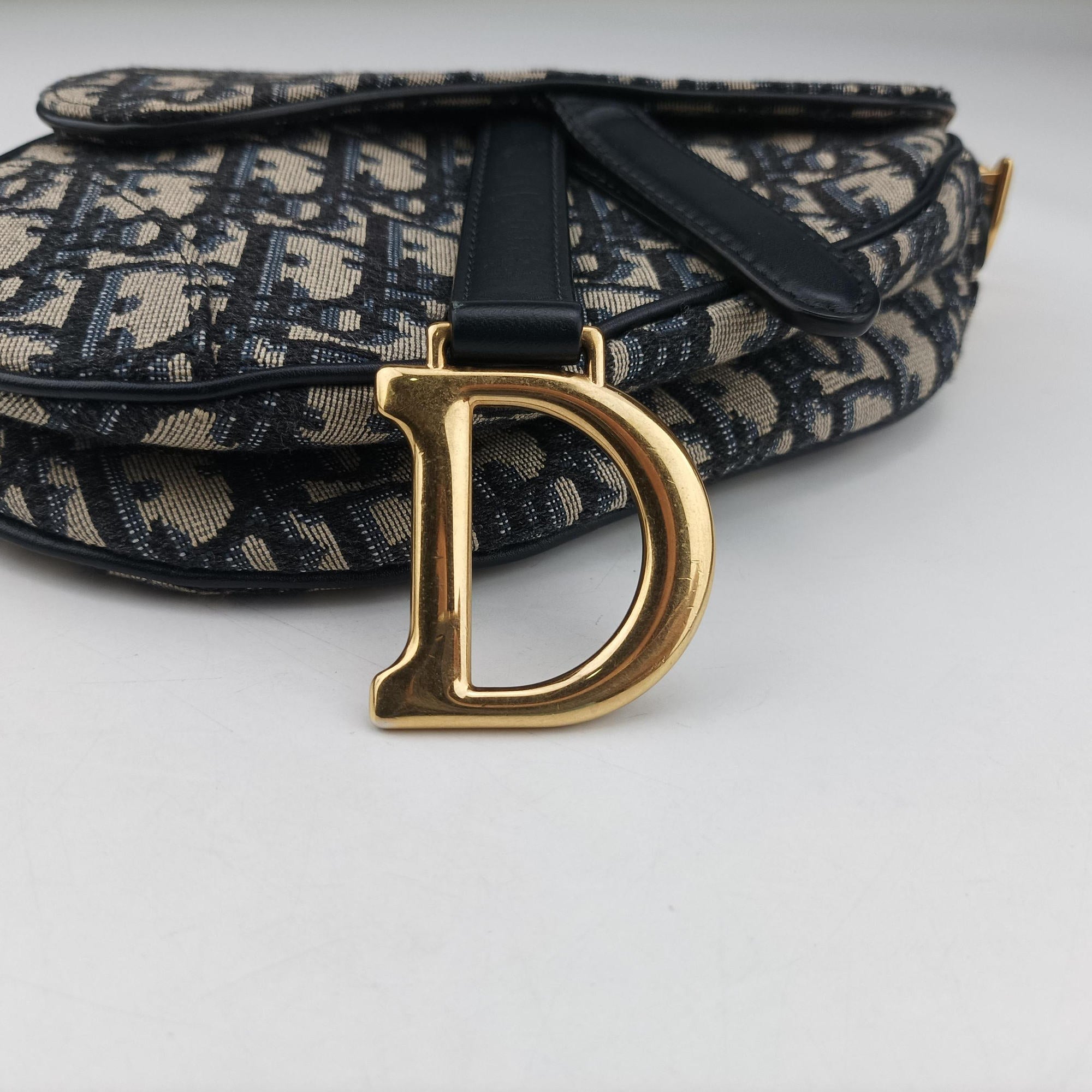 Pre-owned Christian Dior Saddle Navy×grey Jacquard × Leather  handbag | stylenewstar