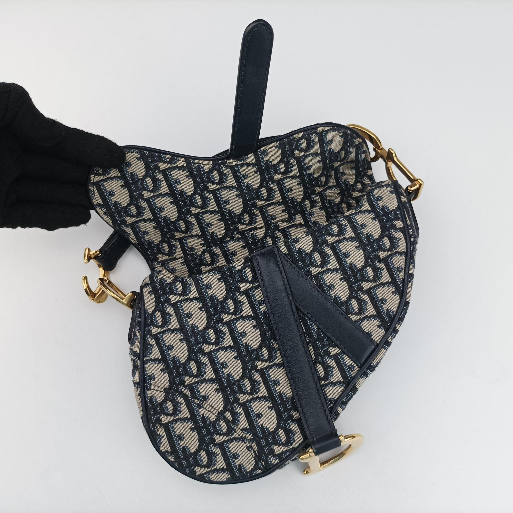 Pre-owned Christian Dior Saddle Navy×grey Jacquard × Leather  handbag | stylenewstar