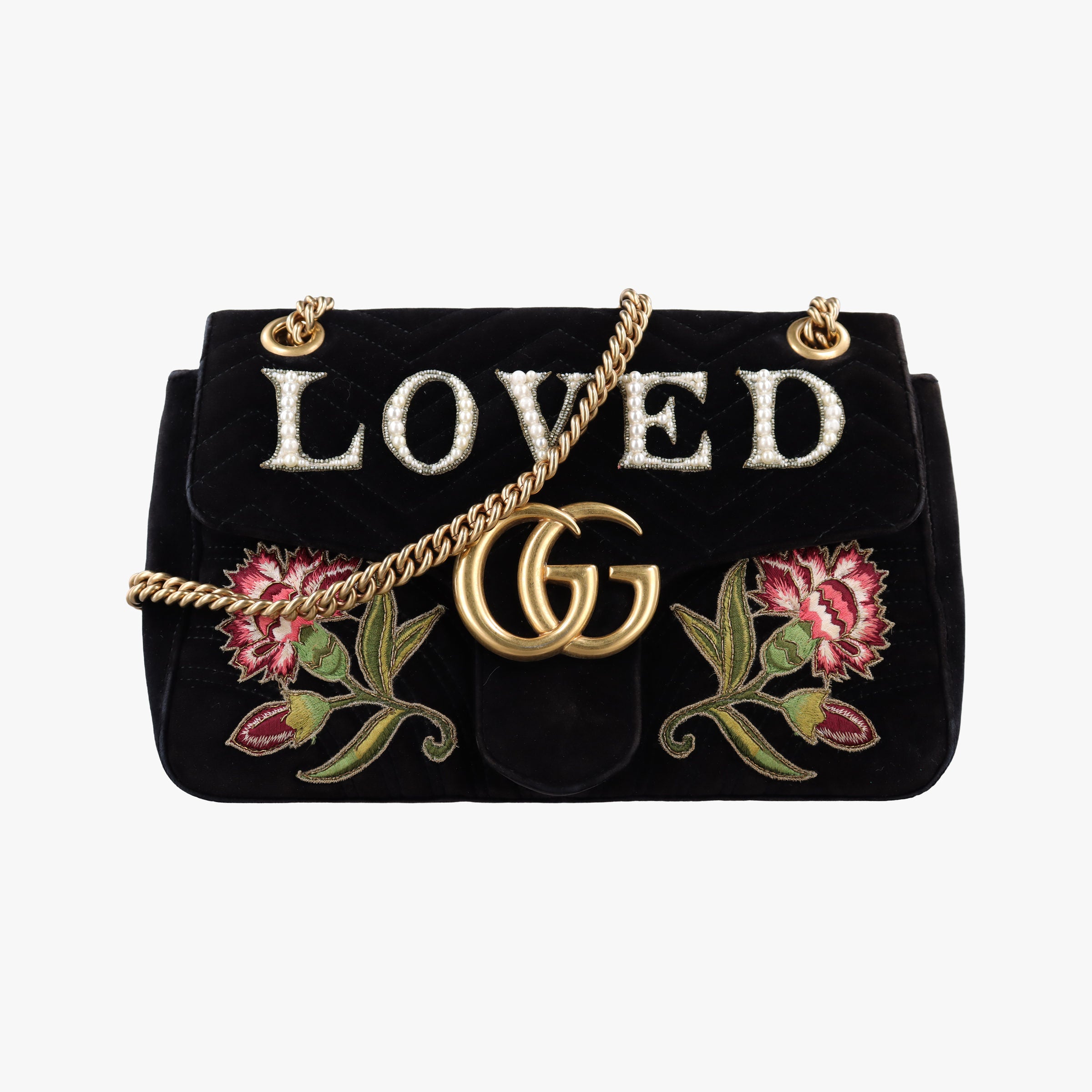 Pre-owned Gucci GG Marmont Black×multicolor velour 443496 shoulderbag | stylenewstar