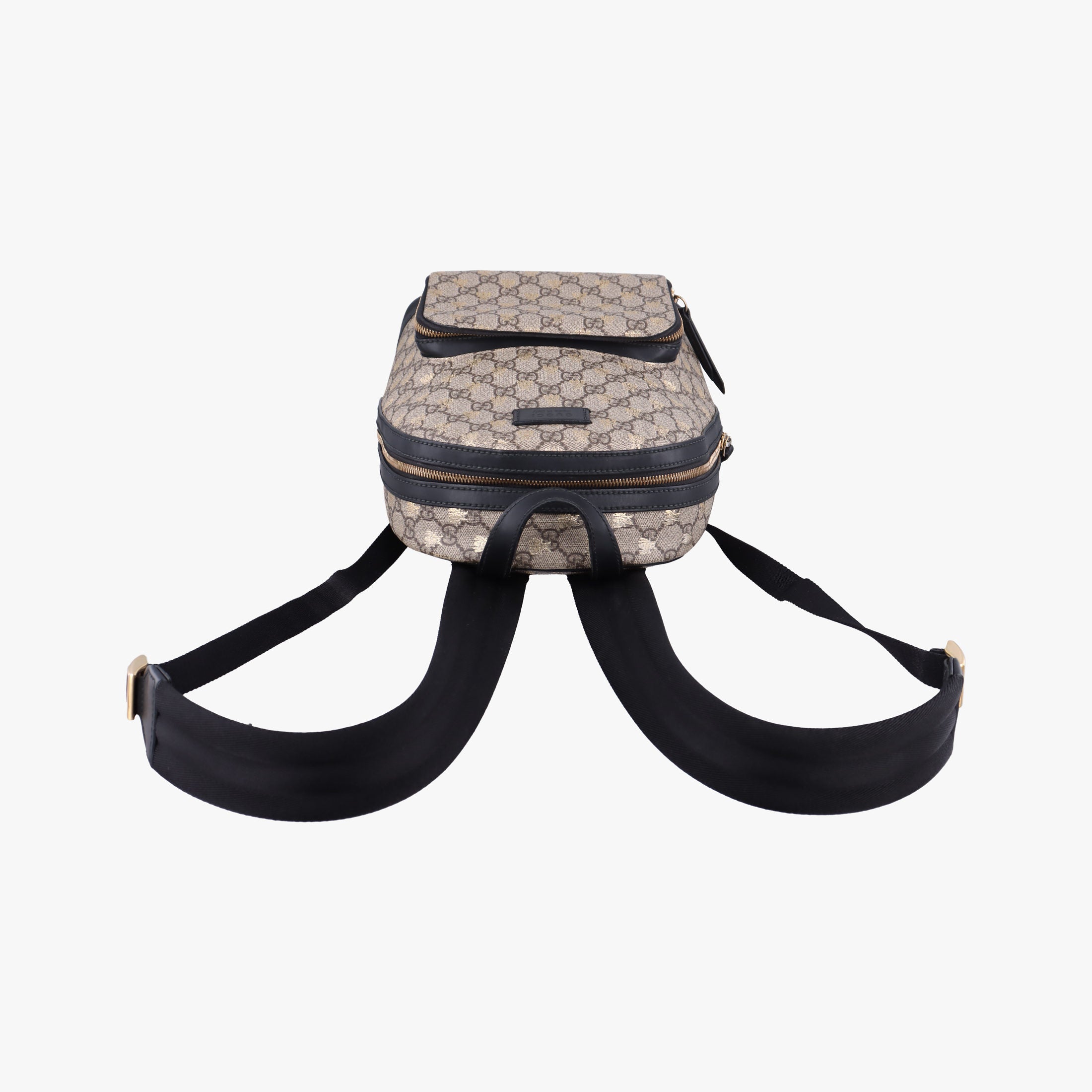 Pre-owned Gucci Bee GG Supreme beige×black PVC coated canvas×leather 427042 backpack/rucksack | stylenewstar