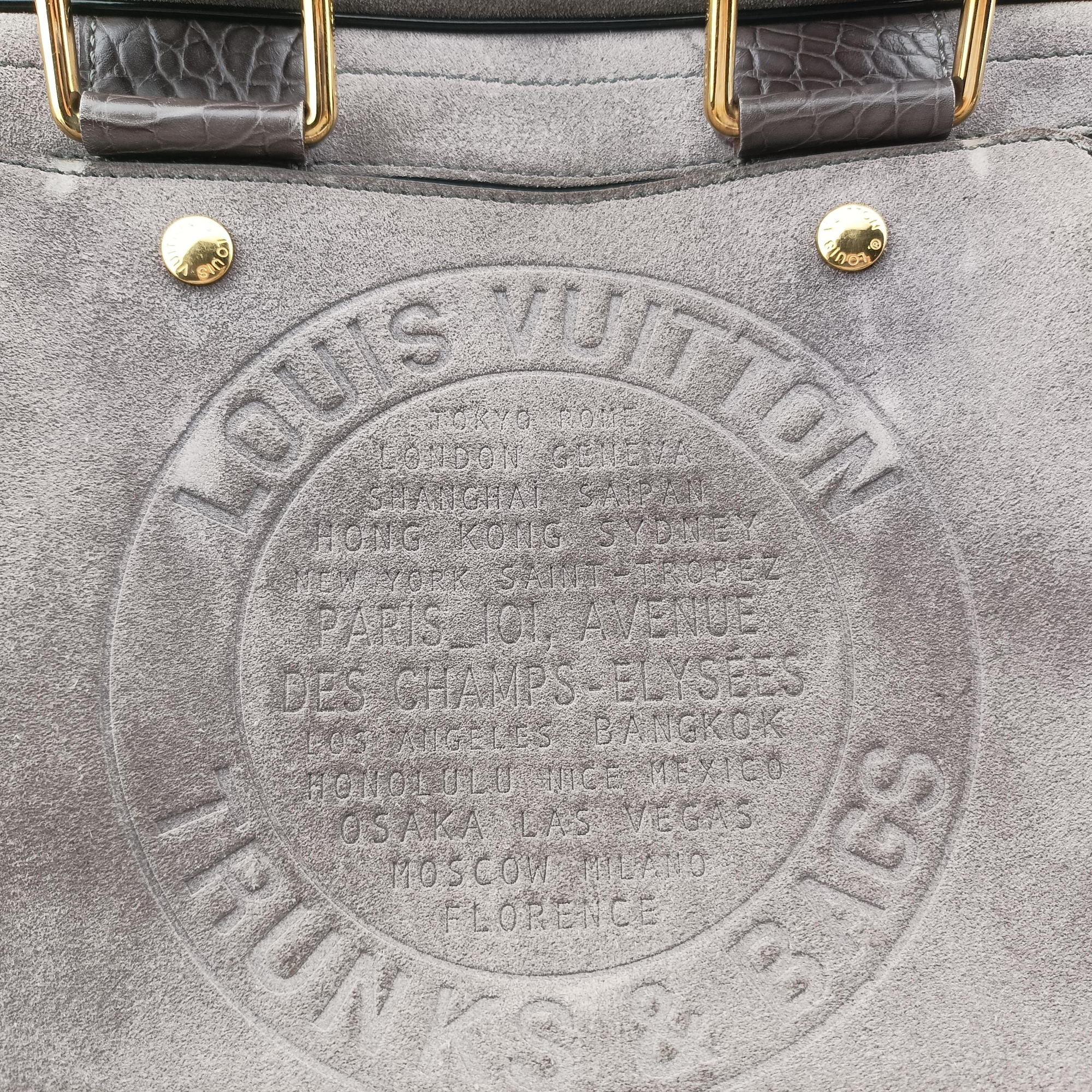 Vintage Louis Vuitton Havane Stamped Trunk Bowler Grey Suede× Leather M95237 handbag | stylenewstar