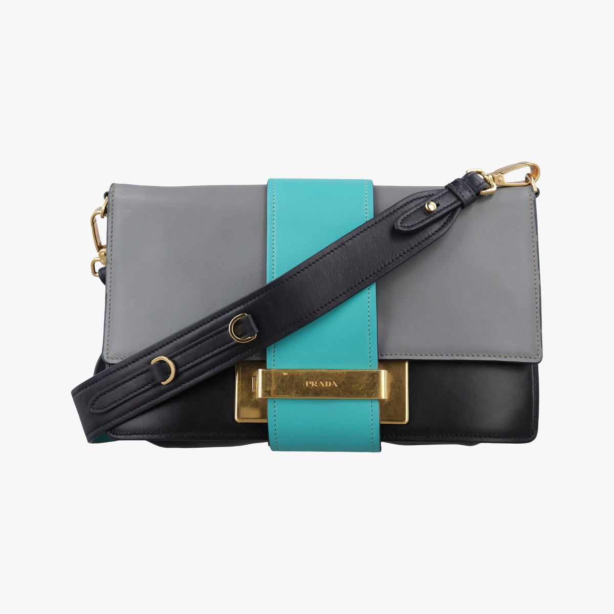Pre-owned Prada Plex Ribbon black×green×grey Leather 1BD067 shoulderbag | stylenewstar