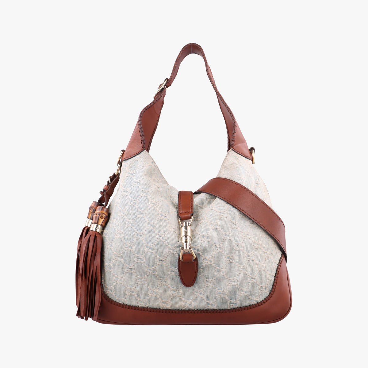 Pre-owned Gucci New Jackie White × Brown denim×leather 246907 shoulderbag | stylenewstar