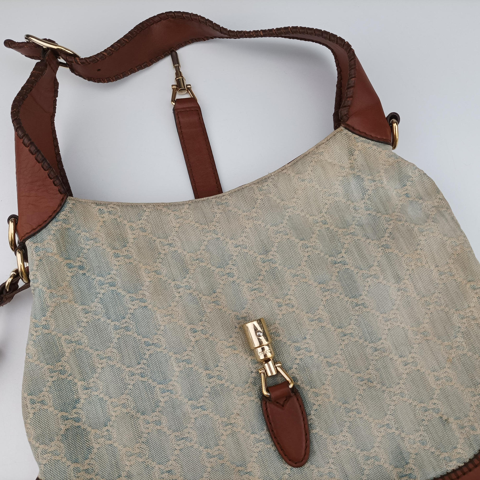 Pre-owned Gucci New Jackie White × Brown denim×leather 246907 shoulderbag | stylenewstar