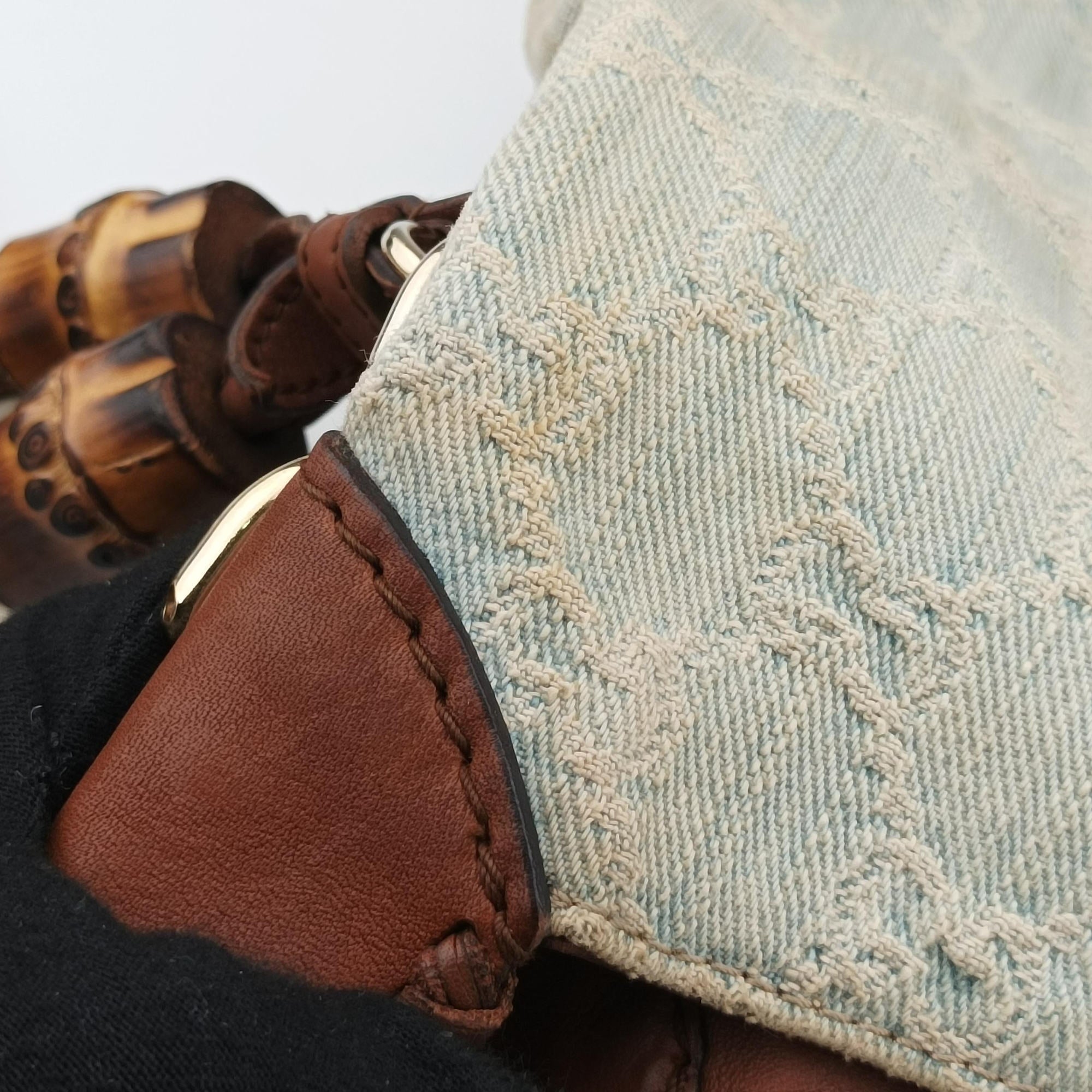 Pre-owned Gucci New Jackie White × Brown denim×leather 246907 shoulderbag | stylenewstar
