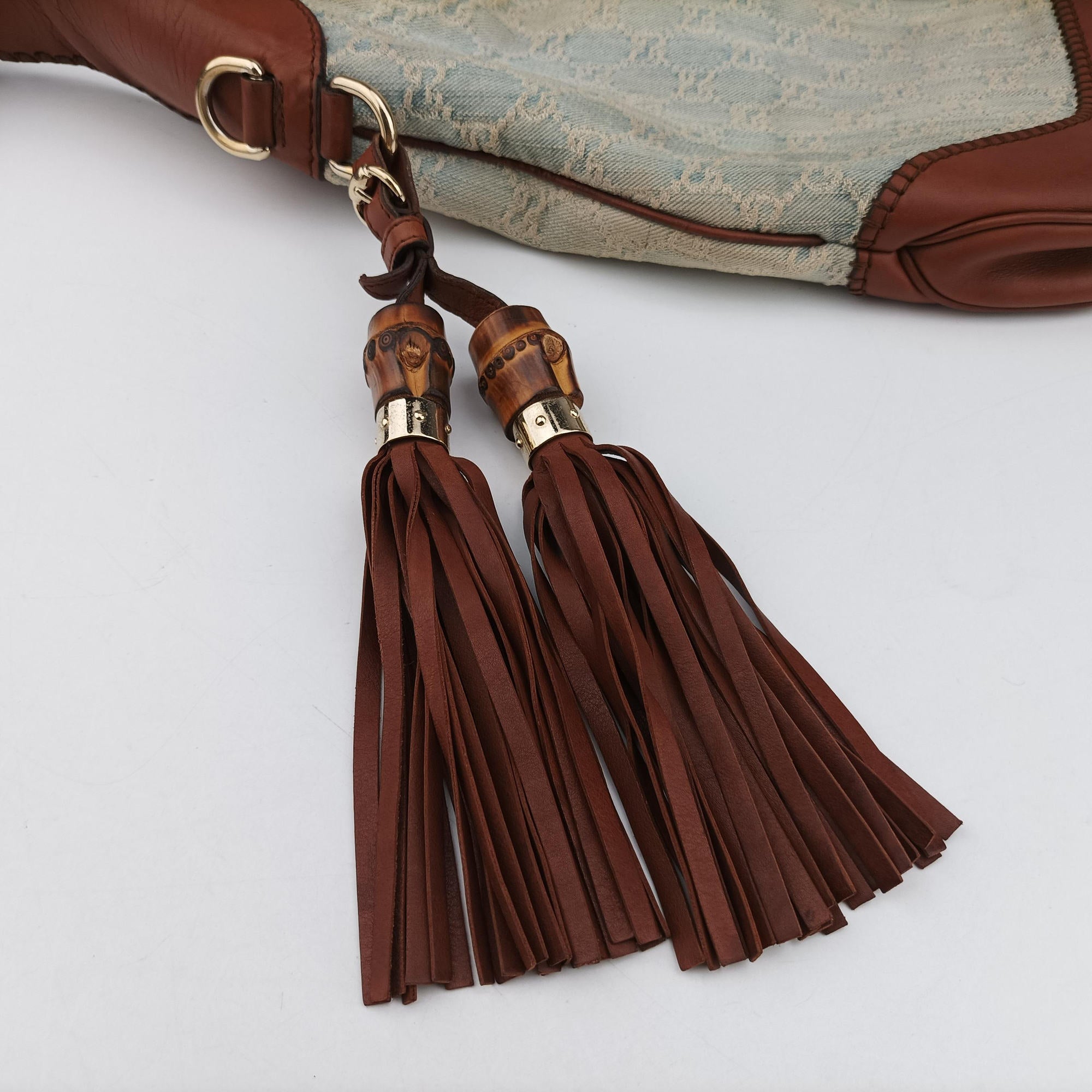 Pre-owned Gucci New Jackie White × Brown denim×leather 246907 shoulderbag | stylenewstar