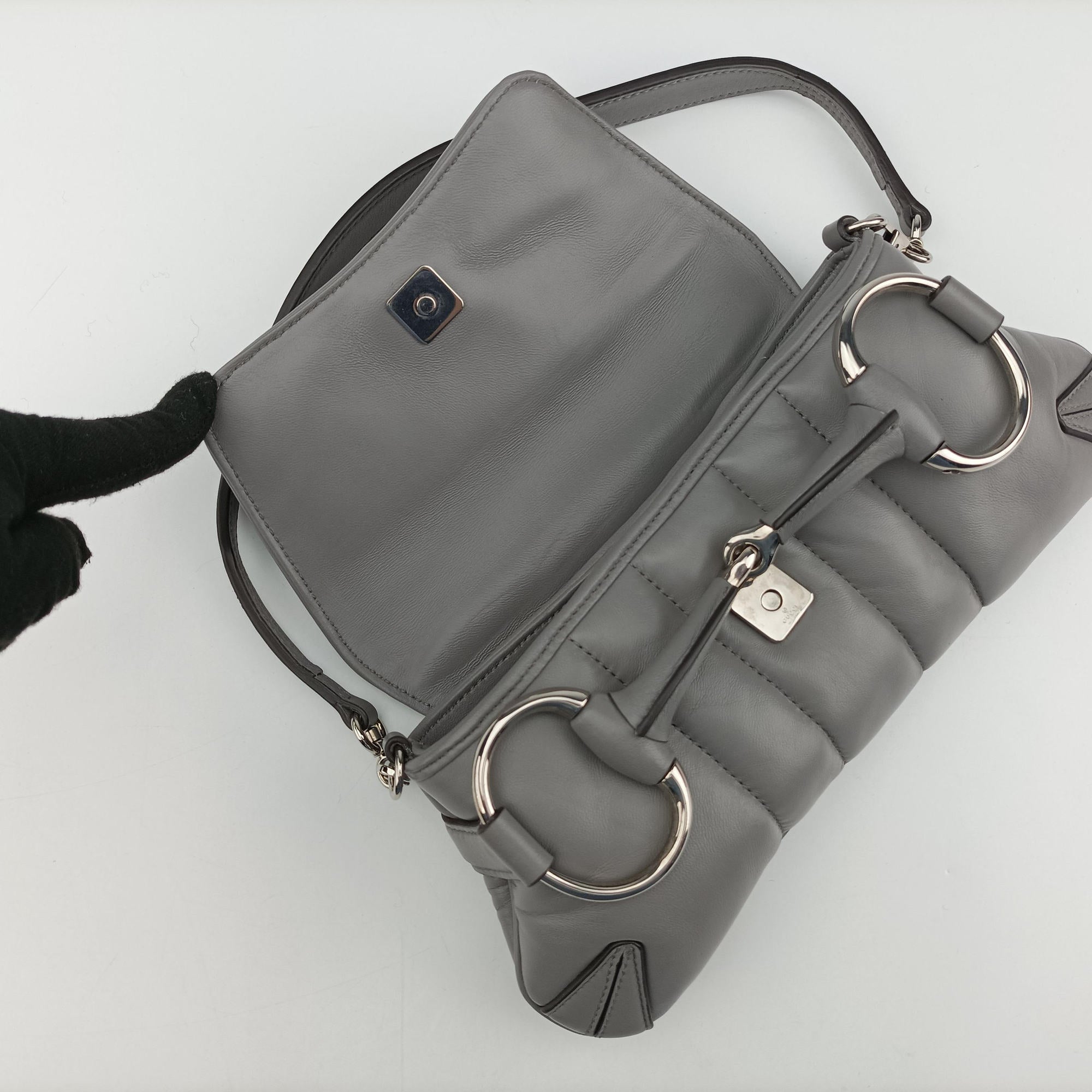 Pre-owned Gucci Horsebit Grey Leather 764339 shoulderbag | stylenewstar
