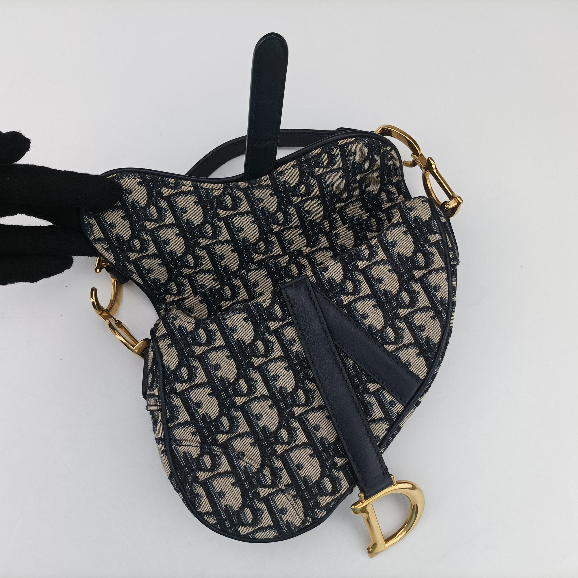 Pre-owned Christian Dior Saddle Navy×grey Jacquard × Leather  handbag | stylenewstar