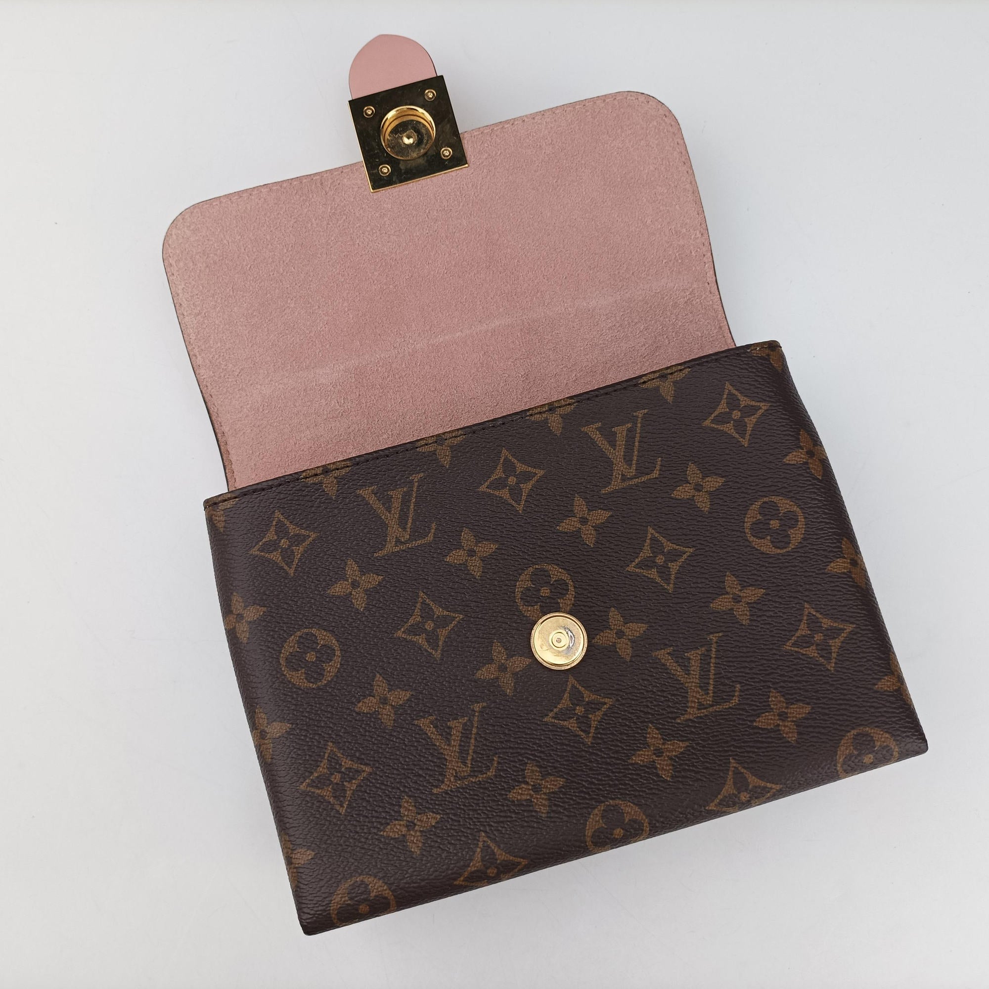 Pre-owned Louis Vuitton LOCKY BB Brown×ROSE POUDRE Monogram Canvas×calf leather M44080 shoulderbag | stylenewstar