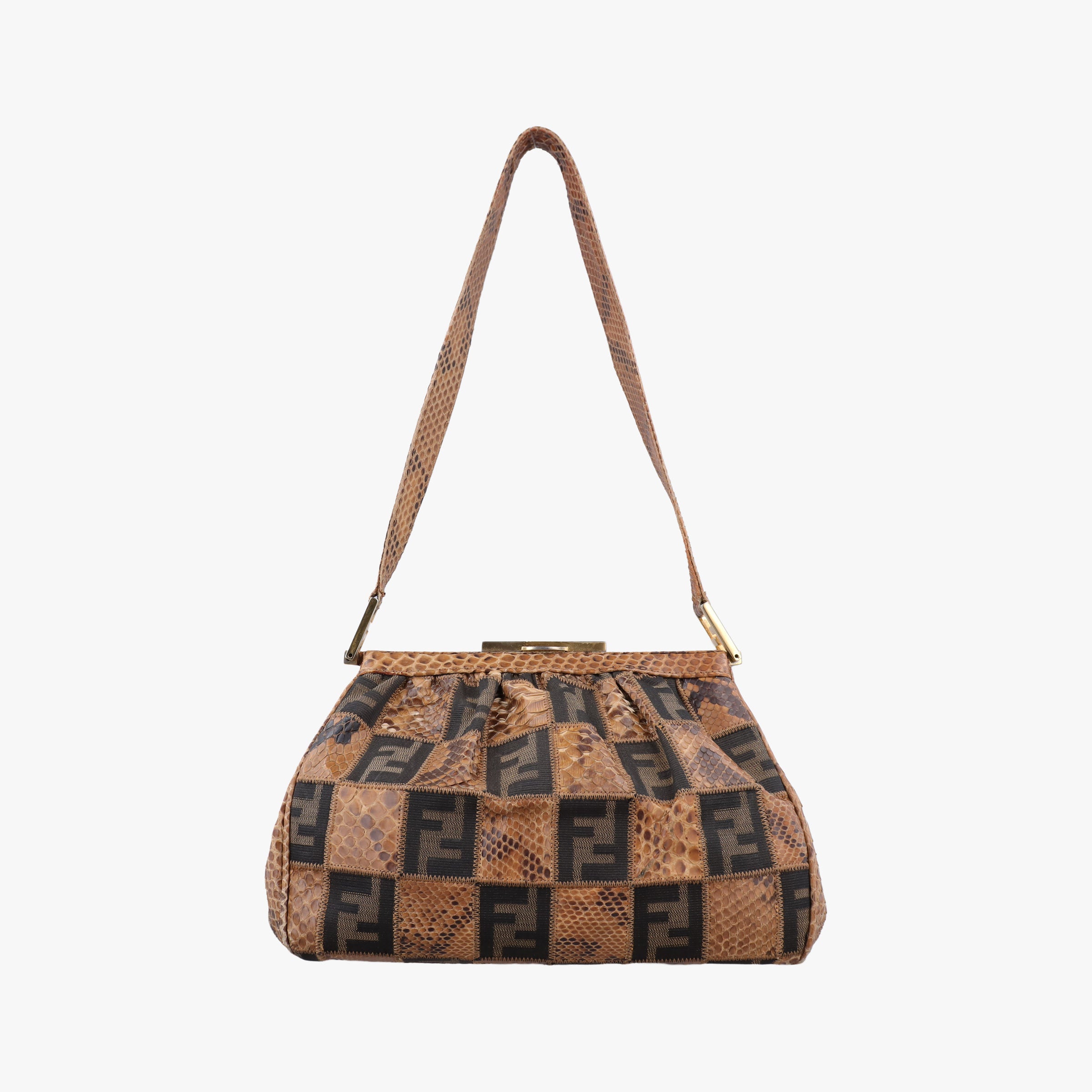 Pre-owned Fendi Patchwork Frame Tobacco × Brown Canvas × Python 15240 shoulderbag | stylenewstar