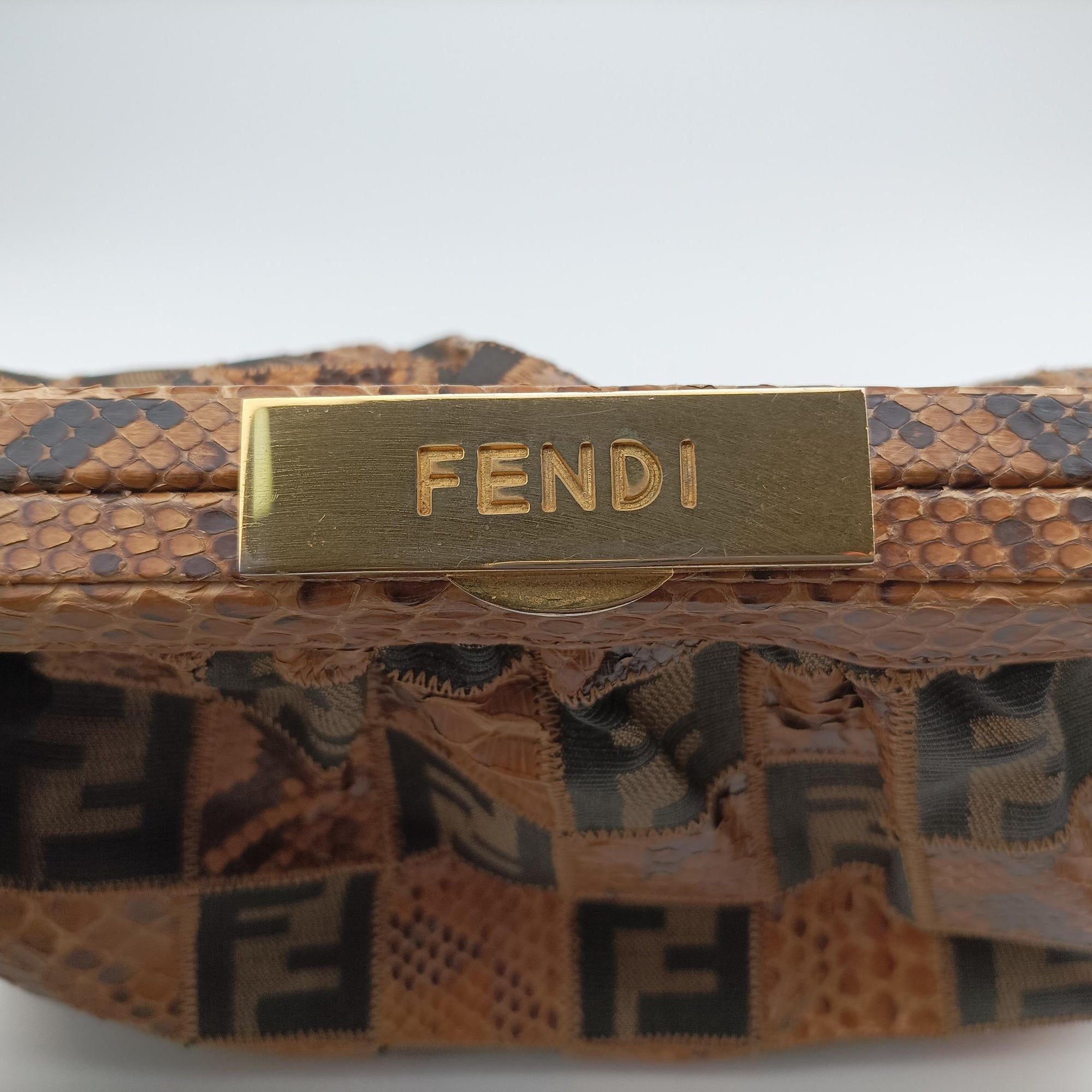 Pre-owned Fendi Patchwork Frame Tobacco × Brown Canvas × Python 15240 shoulderbag | stylenewstar