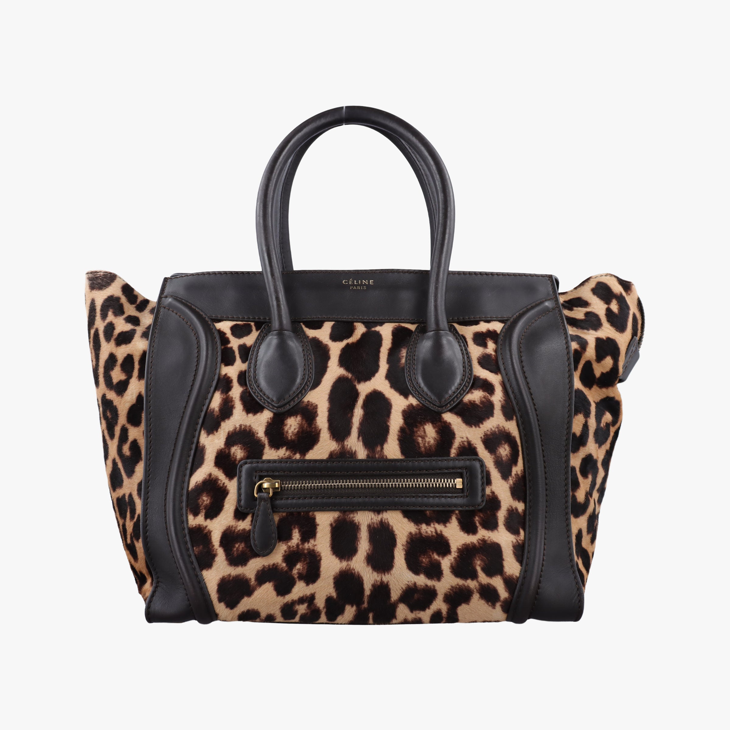 Pre-owned Celine Micro Luggage Leopard Print × Black Ponyhair× Smooth Leather  handbag | stylenewstar