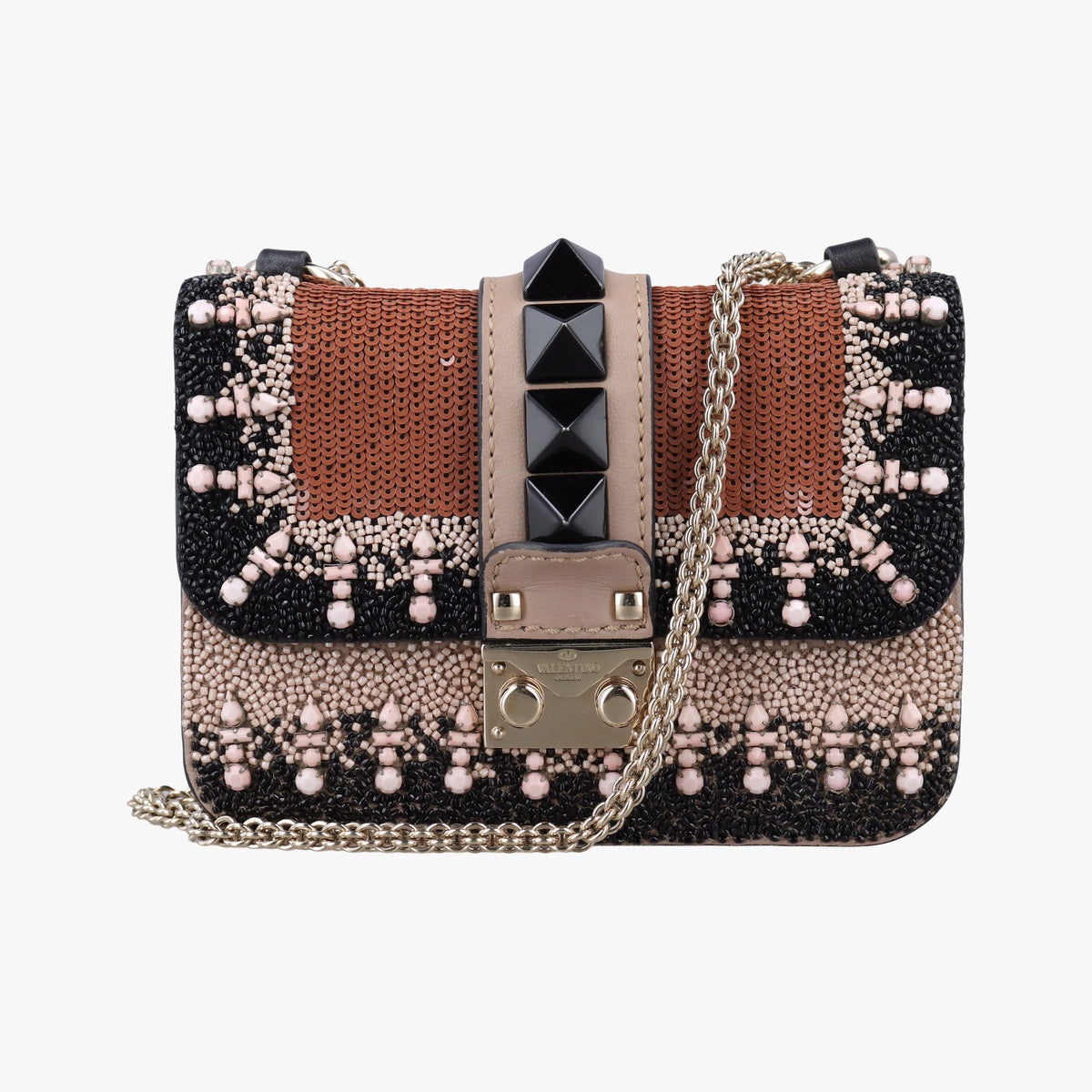 Pre-owned Valentino Glam Lock Multicolor Bead & Sequins Embroidery × Calf Leather  shoulderbag | stylenewstar